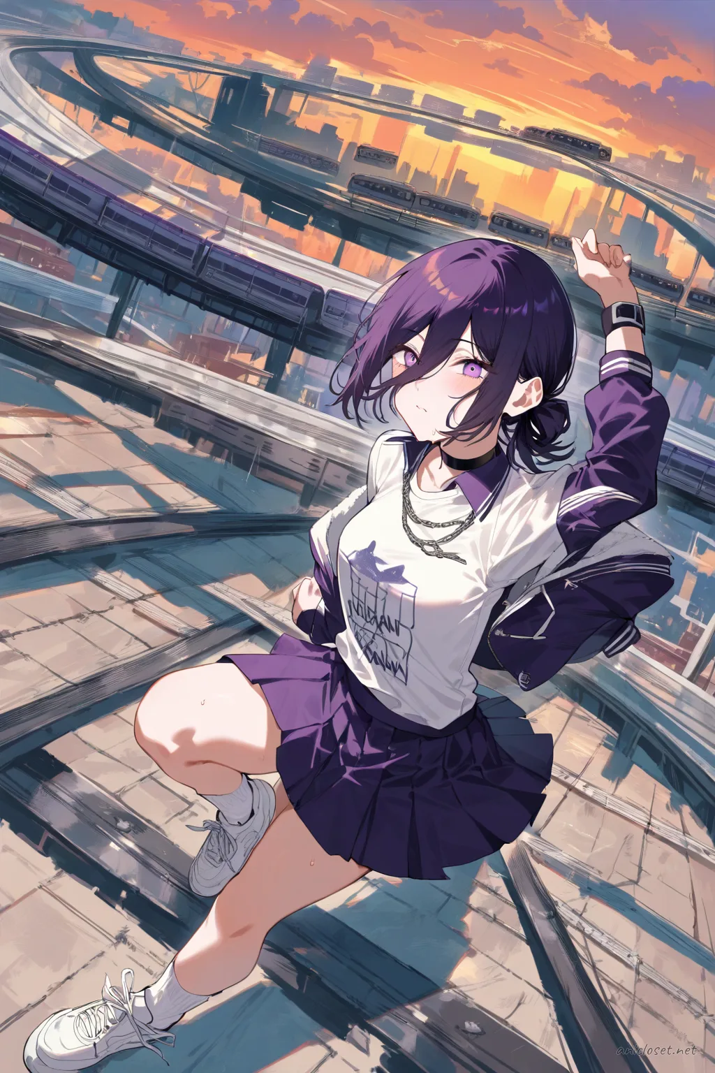Reze wearing a cropped bomber jacket, short tennis skirt, and white sneakers, posed near elevated train tracks with soft overcast city light
