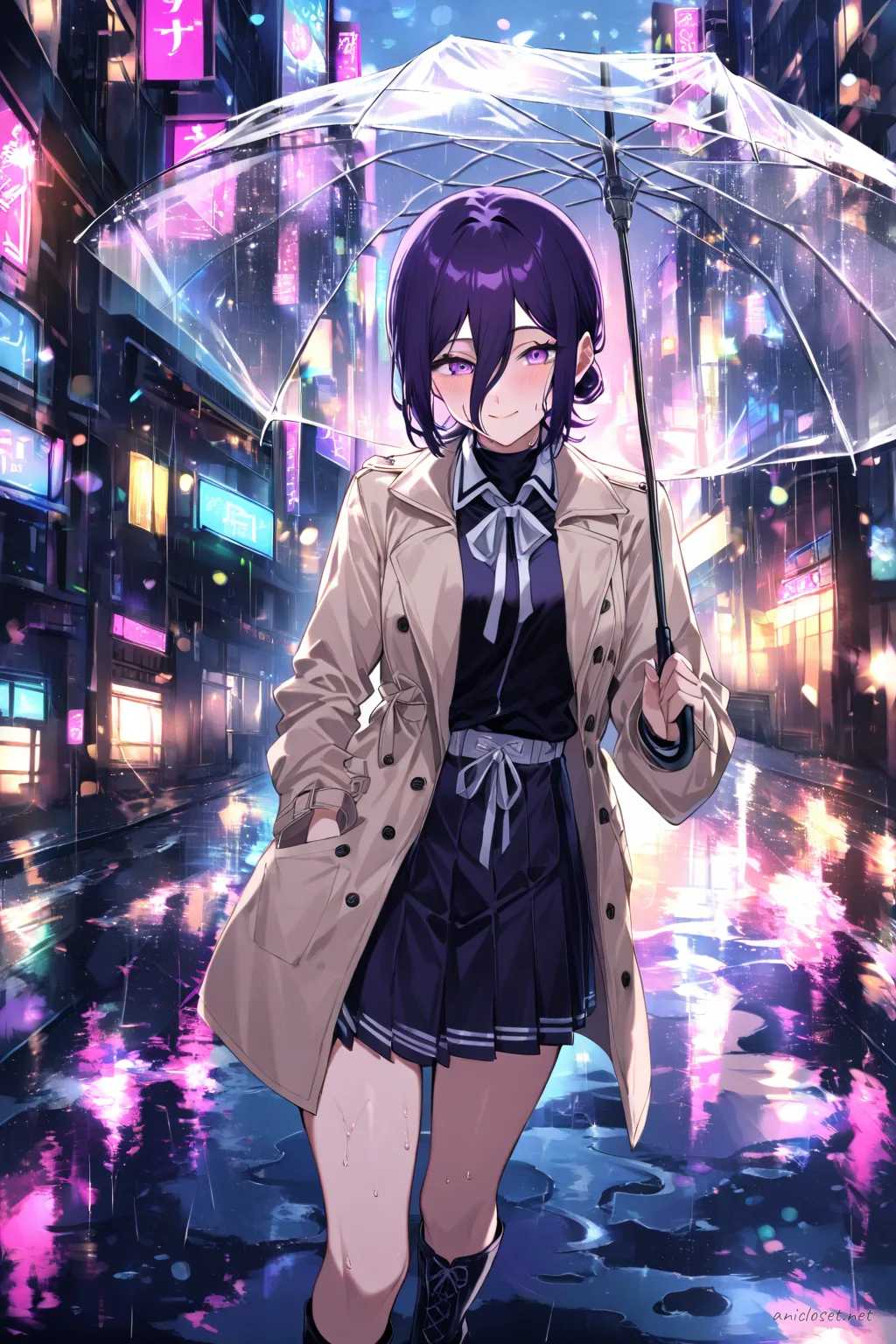 Full body illustration of Reze wearing a pastel beige trench coat with ribbon belt, pleated skirt, mid-calf boots, holding a clear umbrella on a wet shopping street
