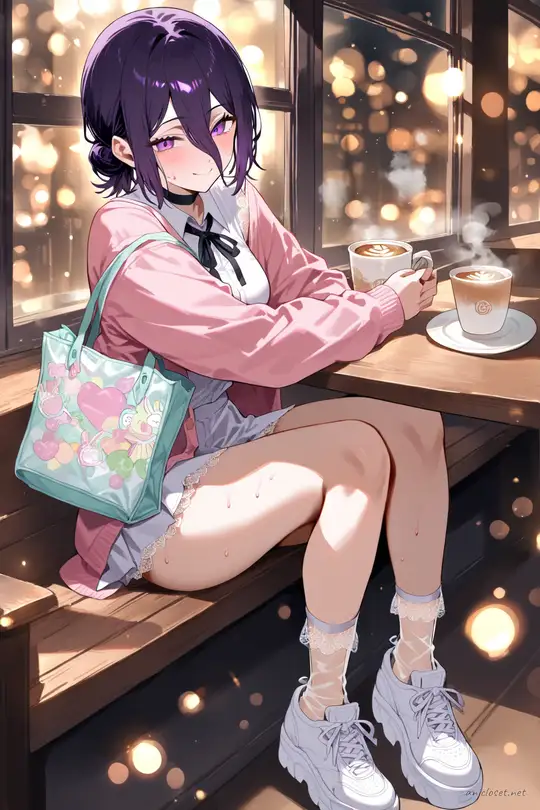 Full-body illustration of Reze in pastel cardigan and white mini skirt seated by a cafe window with a latte and soft daylight
