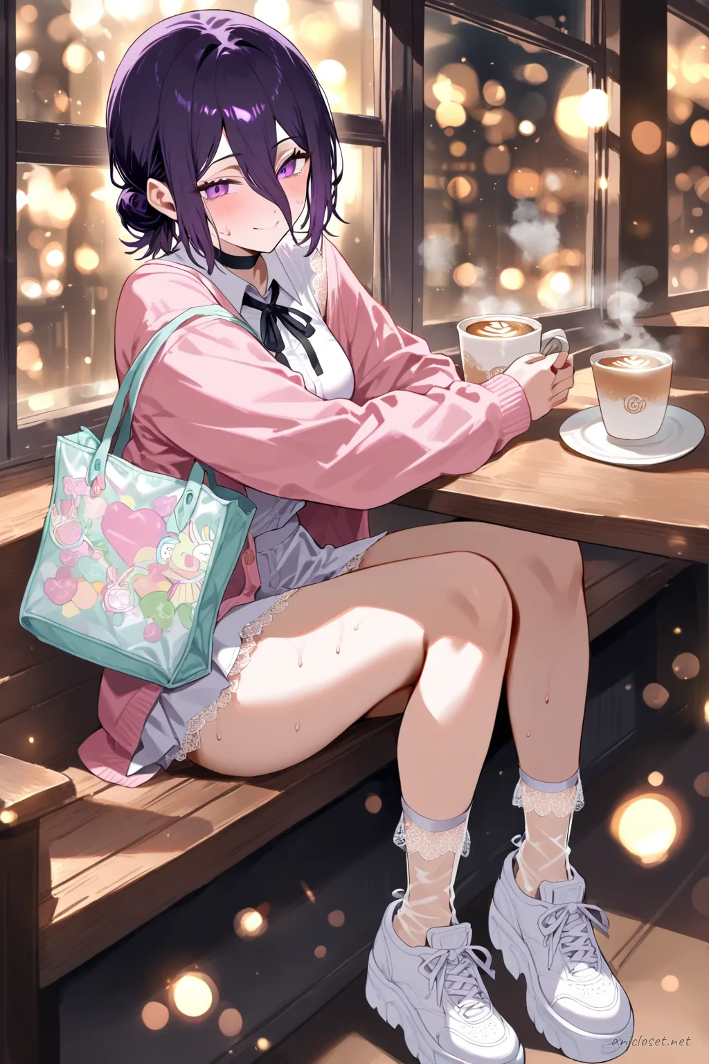 Full-body illustration of Reze in pastel cardigan and white mini skirt seated by a cafe window with a latte and soft daylight