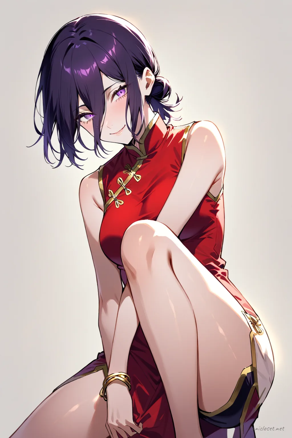 Illustration of Reze wearing a classic red qipao with gold trim, modest hem, and frog buttons