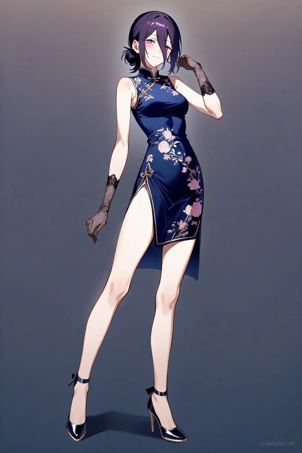Full-body illustration of Reze wearing a navy cheongsam with subtle floral embroidery, side slits, and black Mary Janes, standing against a clean studio backdrop