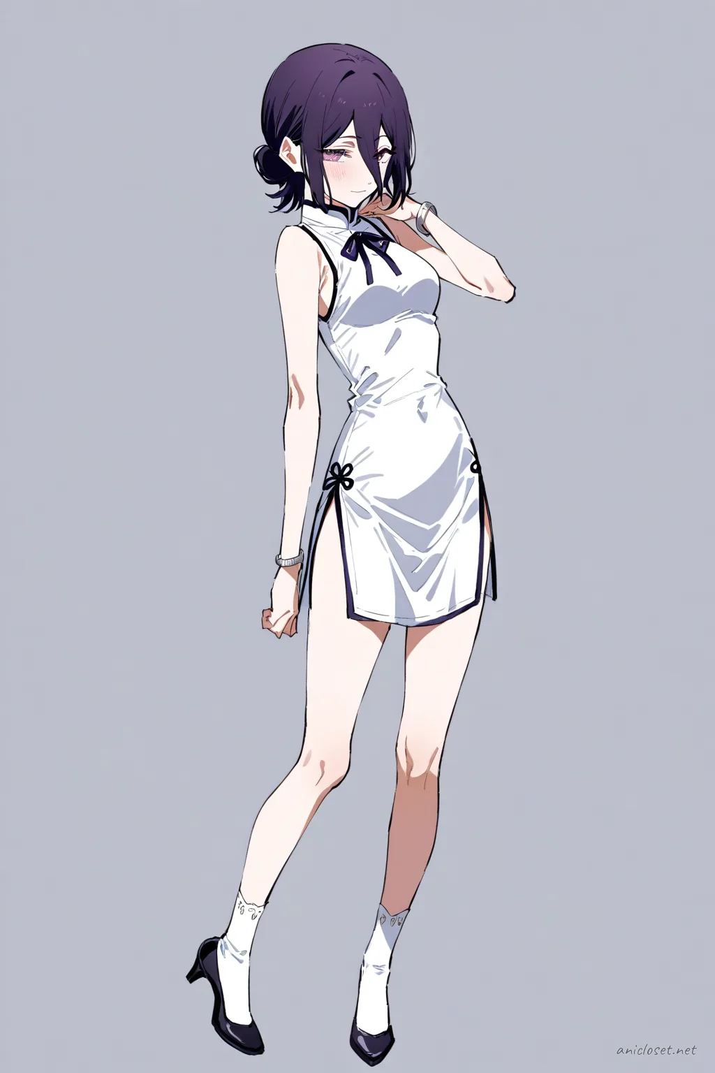 Full-body three-quarter view of Reze wearing a white silk qipao with soft lace trim and delicate frog buttons, showing high slit and mandarin collar