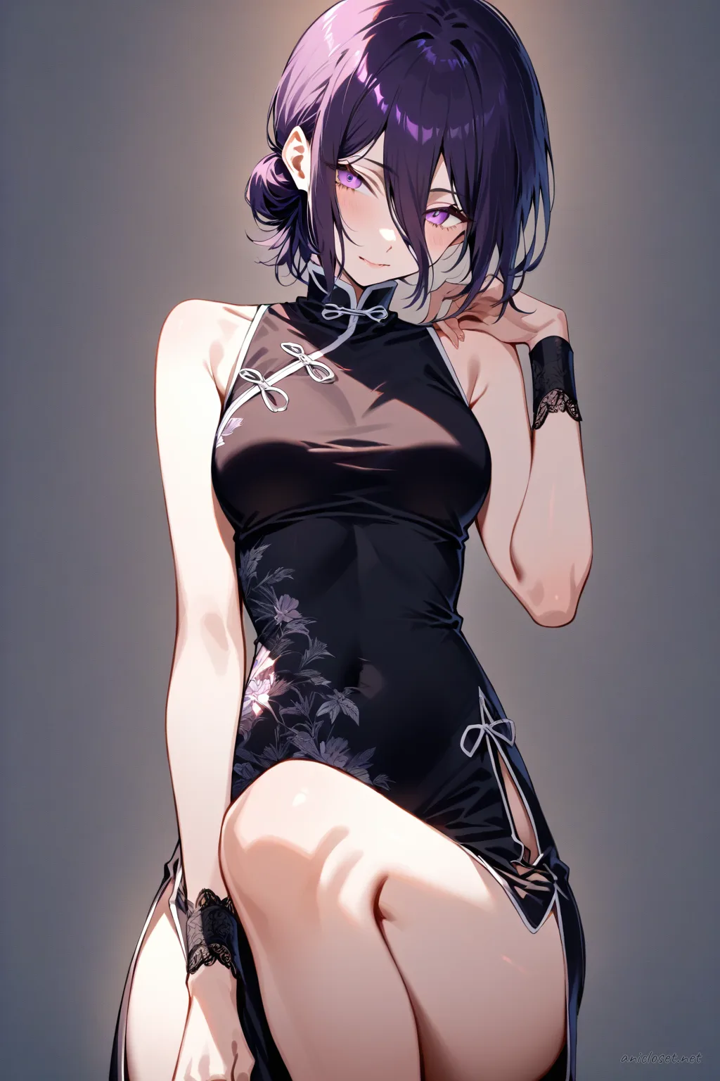 Full-body three-quarter view of Reze wearing a black gothic qipao with high collar, subtle lace panels, sleeveless design, slit skirt, black lace trim, and black heels