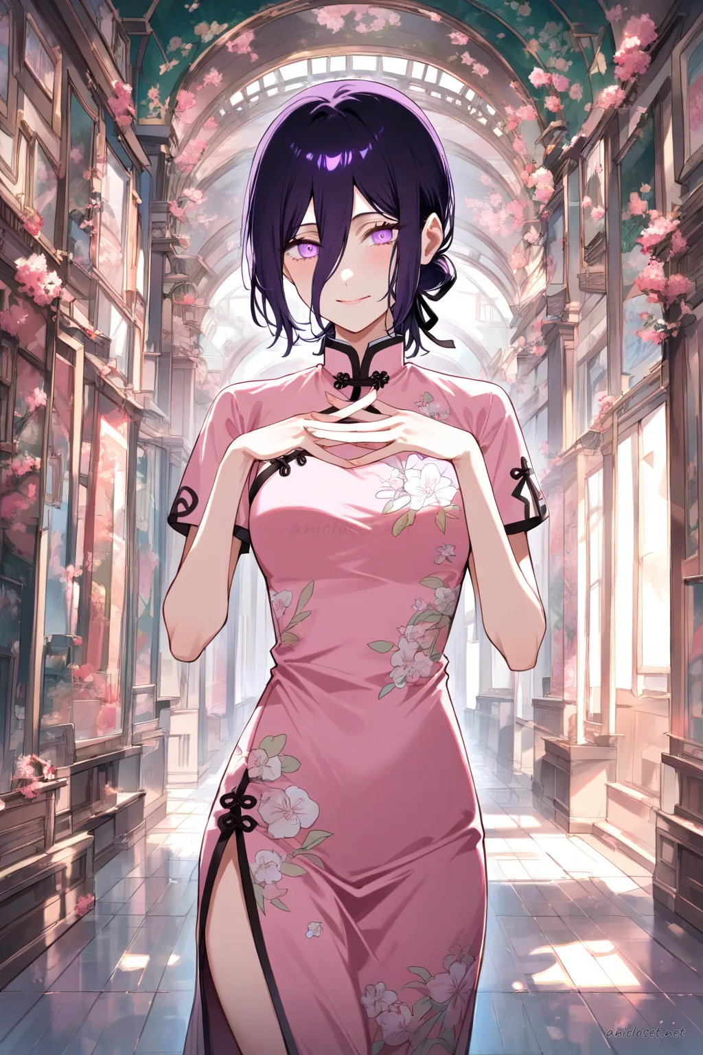 Illustration of Reze wearing a pastel pink qipao with floral pattern, mandarin collar, side slit, and hair ribbon