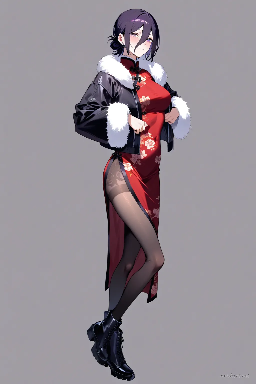 Knee-up half-body illustration of Reze wearing a winter qipao under a cropped fur-trim jacket with mid-calf boots, soft studio lighting