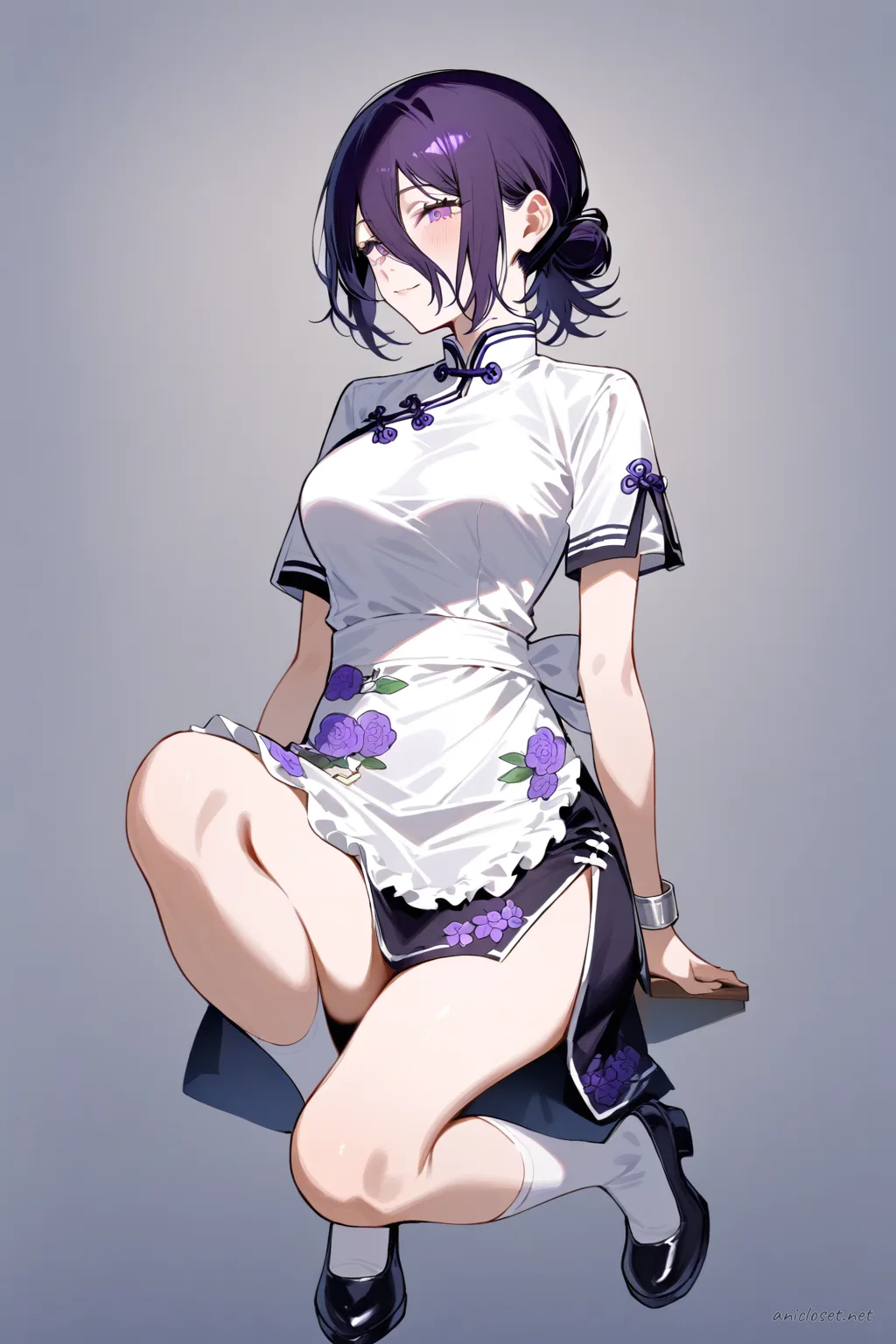 Illustration of Reze wearing a short qipao dress with white frilly apron, puff sleeves, mandarin collar, thigh-high stockings, and mary jane shoes