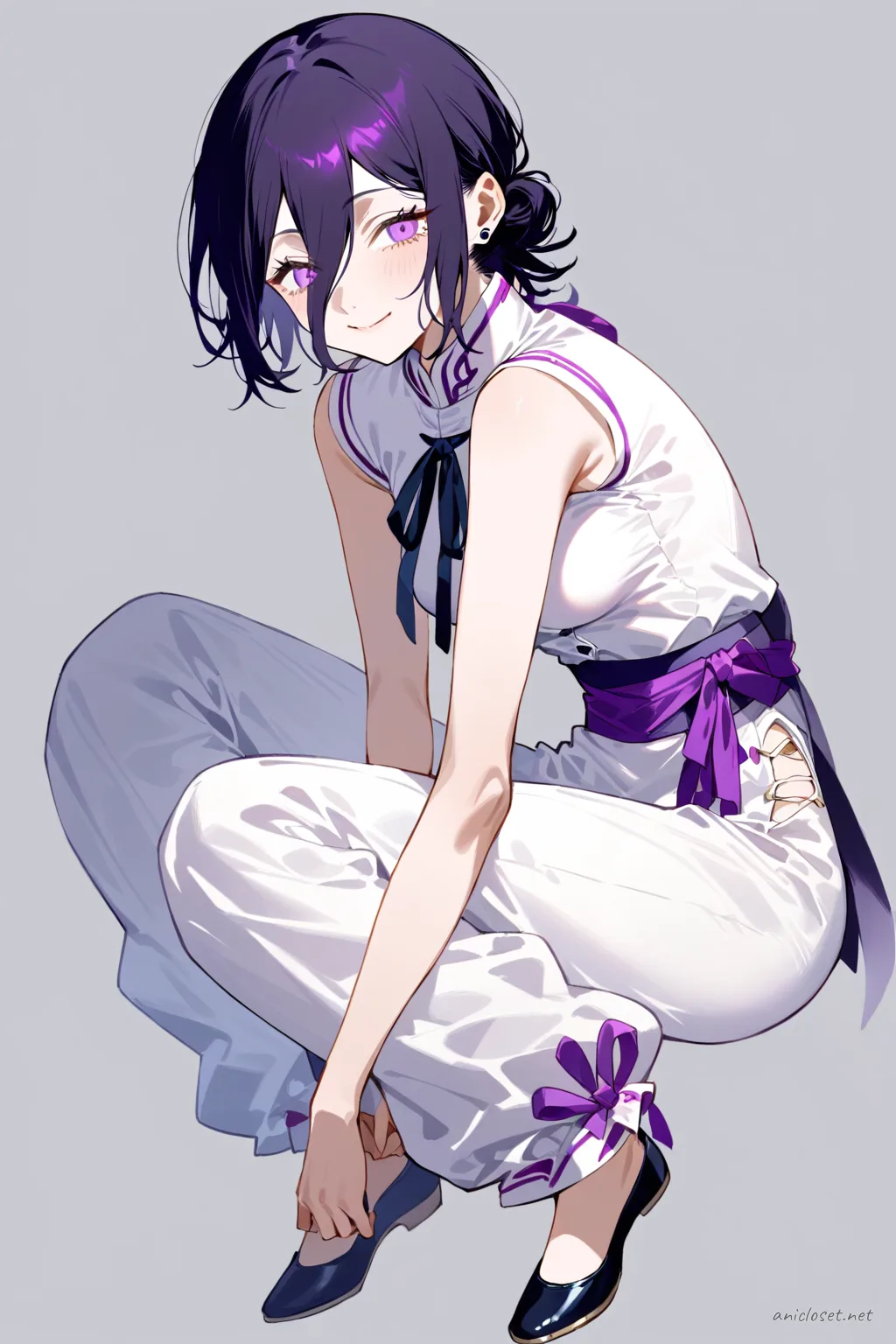 Illustration of Reze wearing a sleeveless qipao top paired with soft wide leg trousers and a ribbon sash