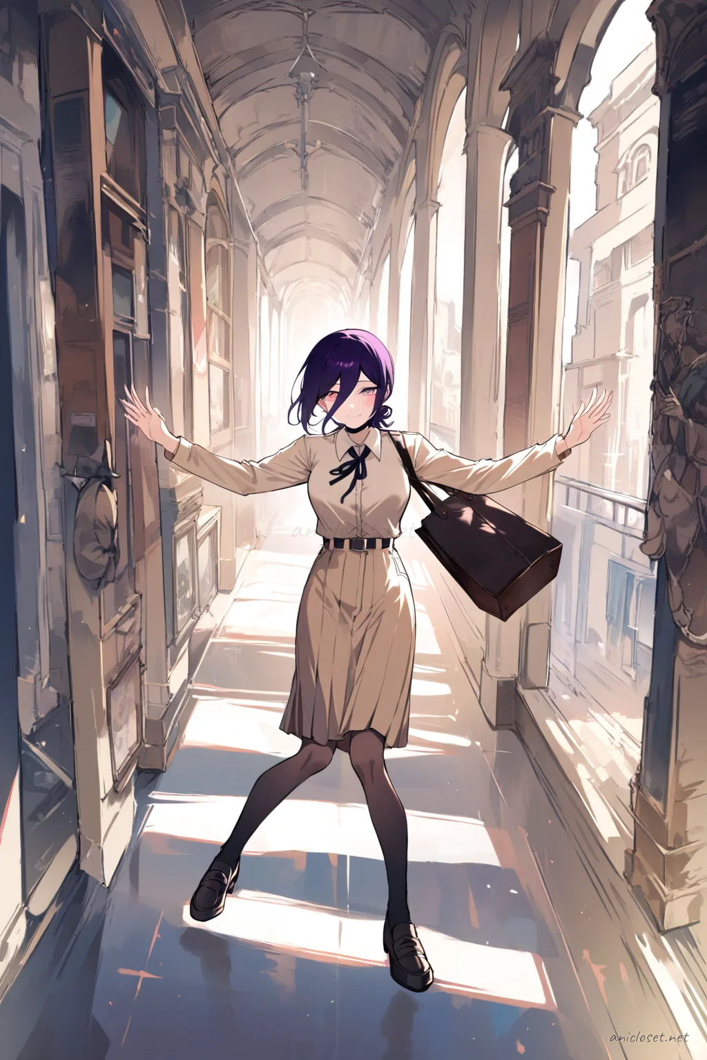 Full body illustration of Reze in beige tailored blazer dress with belted waist and black loafers, holding leather tote bag, standing in office corridor