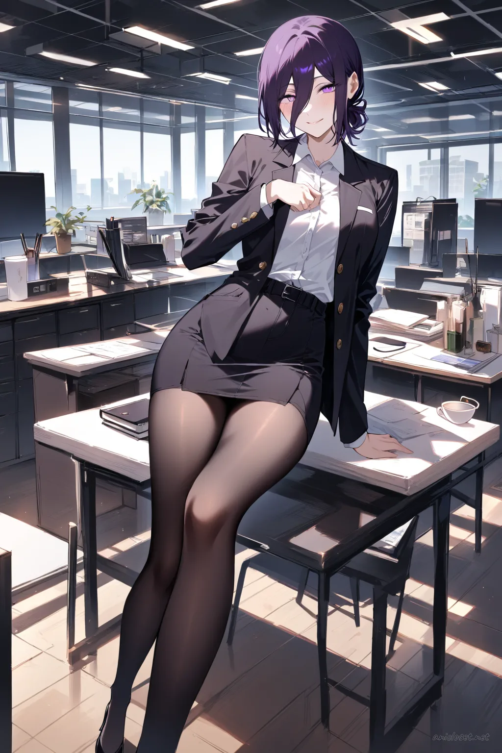 Full body illustration of Reze wearing a wine sheath dress with a slim belt, closed-toe heels, and sheer tights, standing with a coffee cup in a minimal office setting