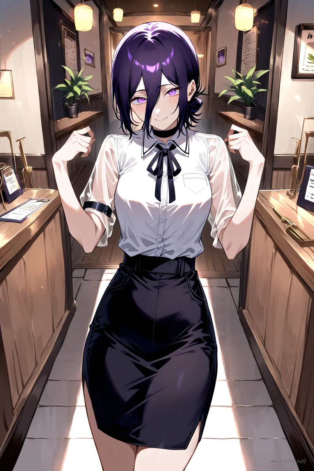 Reze wearing a white blouse with sheer sleeves tucked into a black midi pencil skirt, black pumps, holding a clipboard in a bright conference room