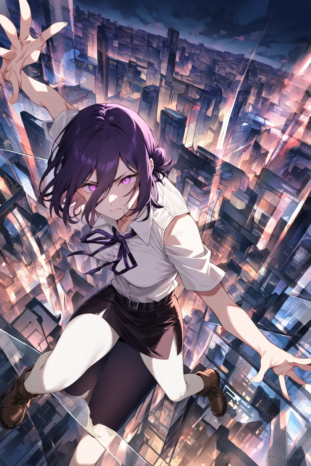 Full-body illustration of Reze in a cream pussy-bow blouse, brown leather pencil skirt, opaque tights, and brown ankle boots standing against a clean studio backdrop