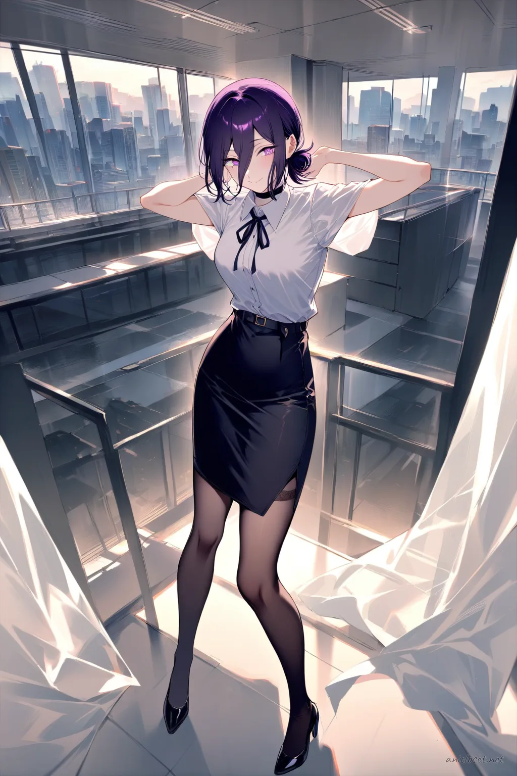 Illustration of Reze in a navy wrap blouse and knee-length pencil skirt, leaning on a balcony railing with wind blowing through her hair
