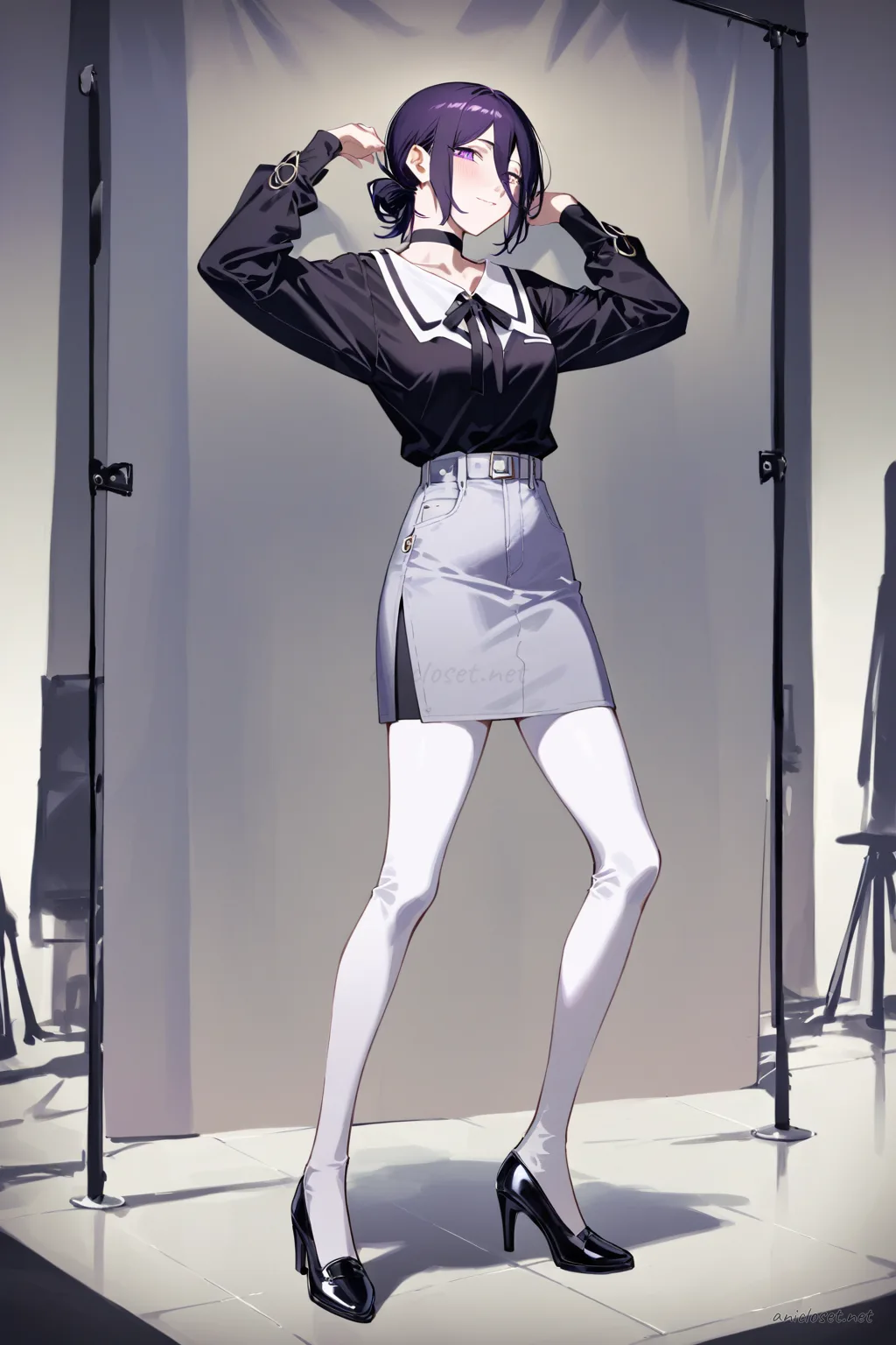 Full body illustration of Reze in a black blouse, high-waist pencil skirt, opaque tights, and black heels, posed frontally in a hotel lounge