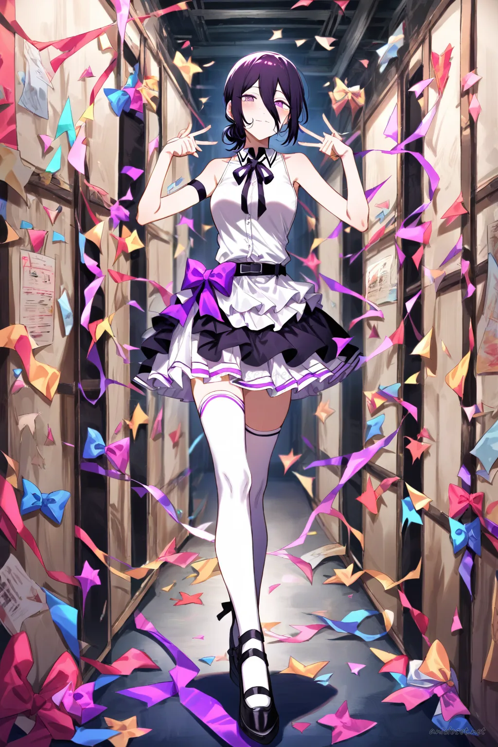 Knee-up half-body illustration of Reze in a frilly idol mini dress with layered skirt, stage bow, white thighhigh socks with ribbon tops, and mary janes under soft studio lighting