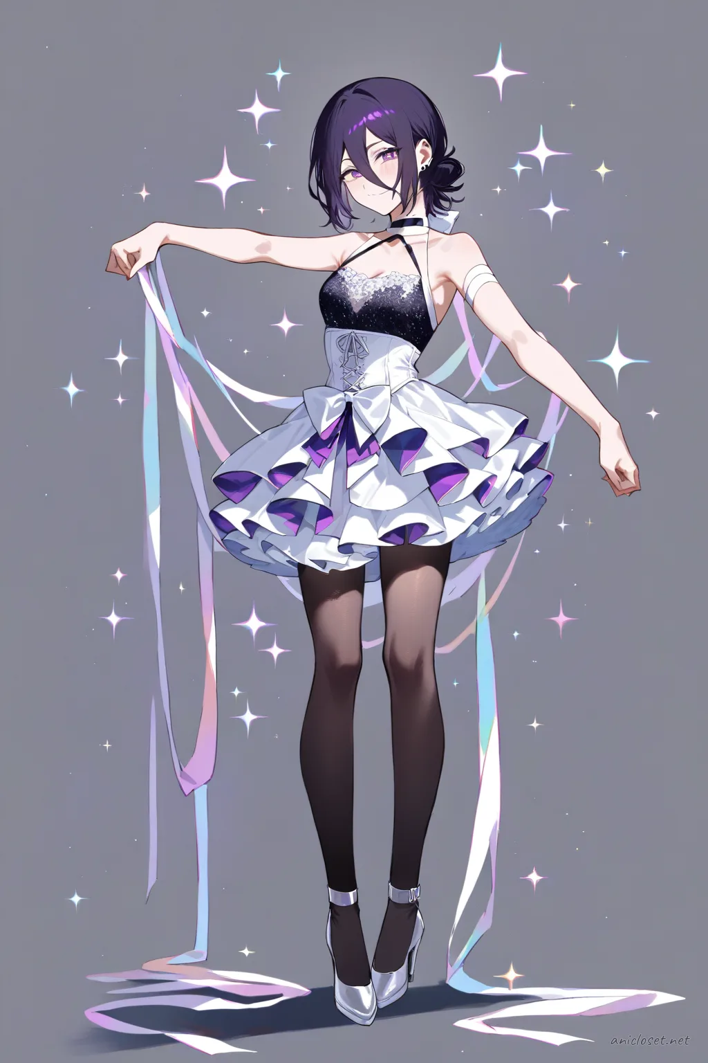 Full body illustration of Reze in an idol mini dress with sparkle bodice, short layered skirt, stage ribbon, and ankle strap heels, standing pose