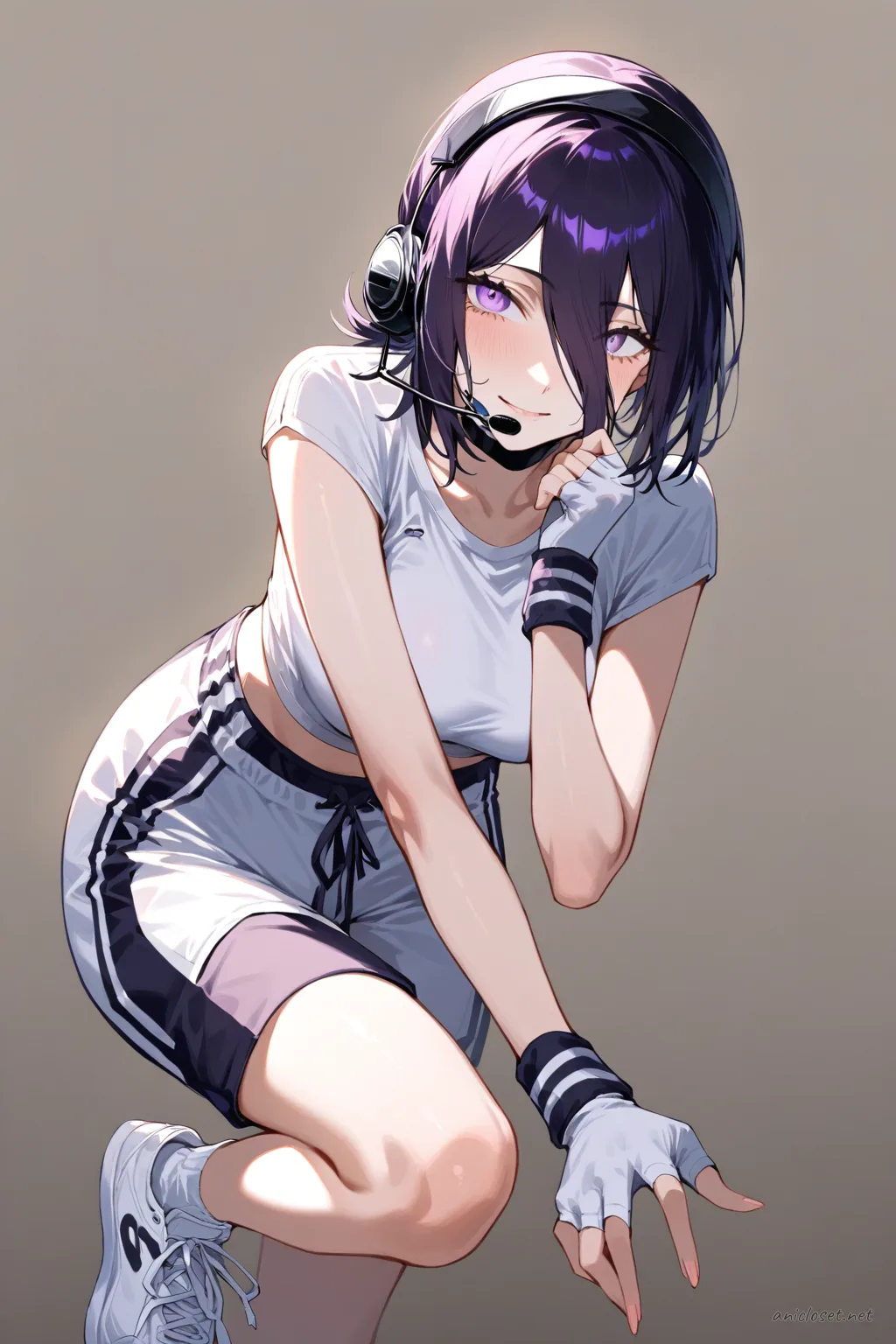 Illustration of Reze wearing a sporty idol costume with crop top, jacket, pleated mini skirt, thigh-high socks, sneakers, and holding a microphone