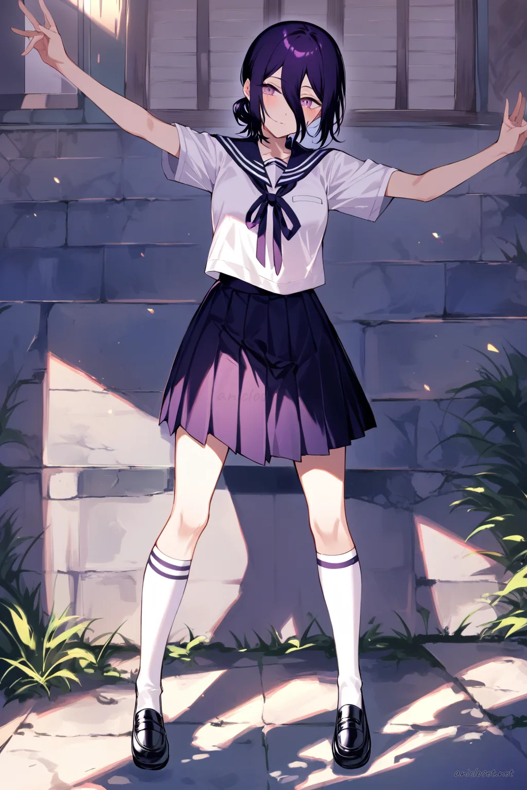 Full-body three-quarter view illustration of Reze wearing a pleated sailor collar blouse, ribbon necktie, high-waisted plaid skirt, knee-high socks, and mary jane shoes