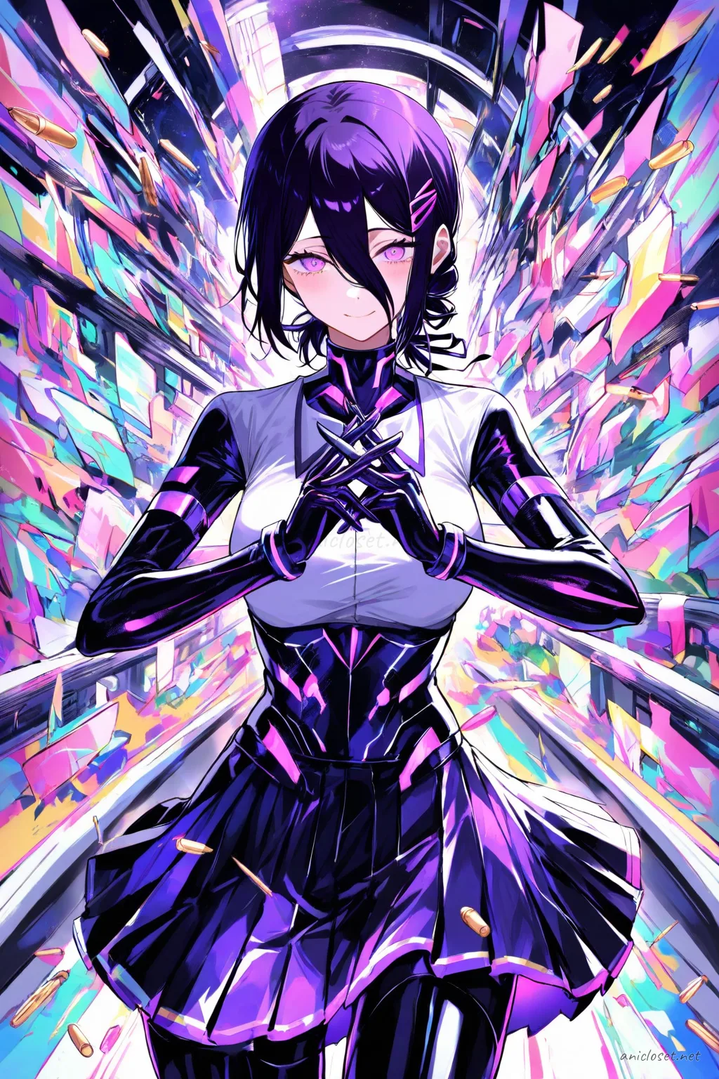 Full body illustration of Reze in a futuristic idol costume with glossy panels, metallic skirt, thigh-high boots, and ribbon hair clip, standing