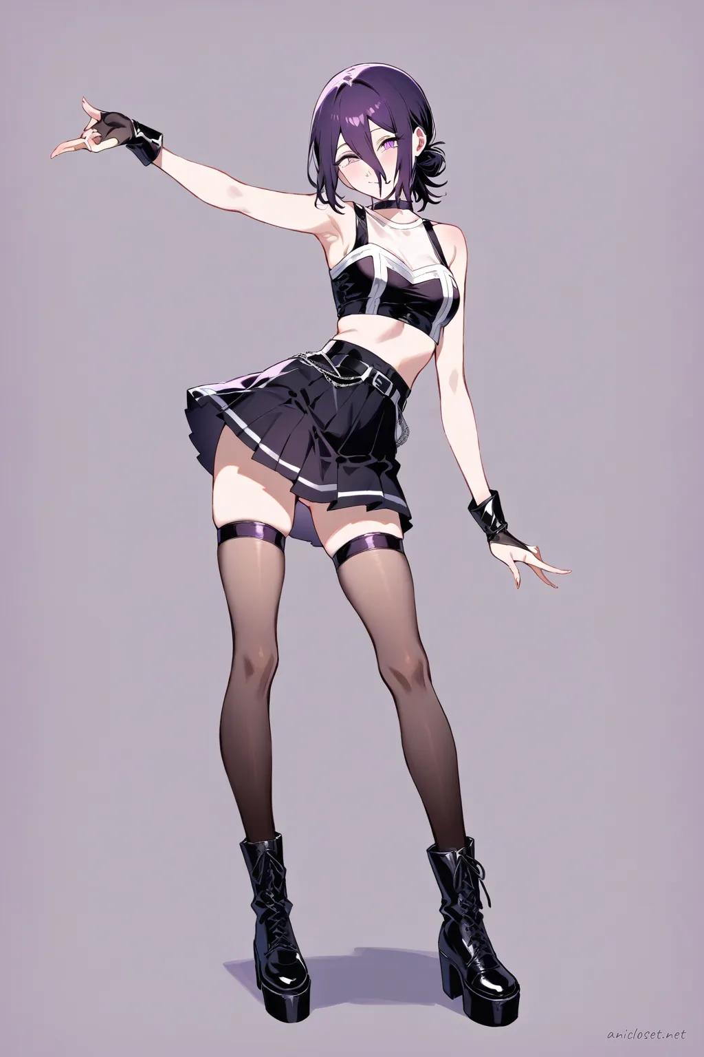 Full body illustration of Reze standing in group-dance idol outfit with sleeveless crop top, pleated mini skirt, fingerless gloves, thigh-high stockings, and platform ankle boots