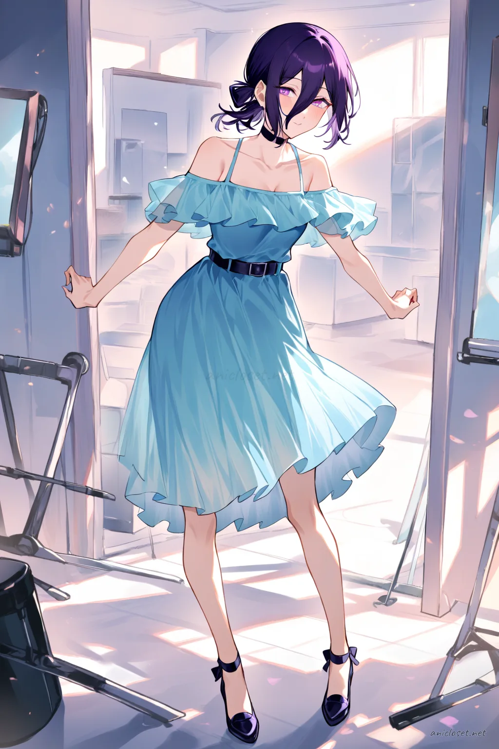 Full-body three-quarter view of Reze wearing a pastel pink chiffon midi dress with a round neckline, sleeveless design, single hair ribbon, and ballet flats