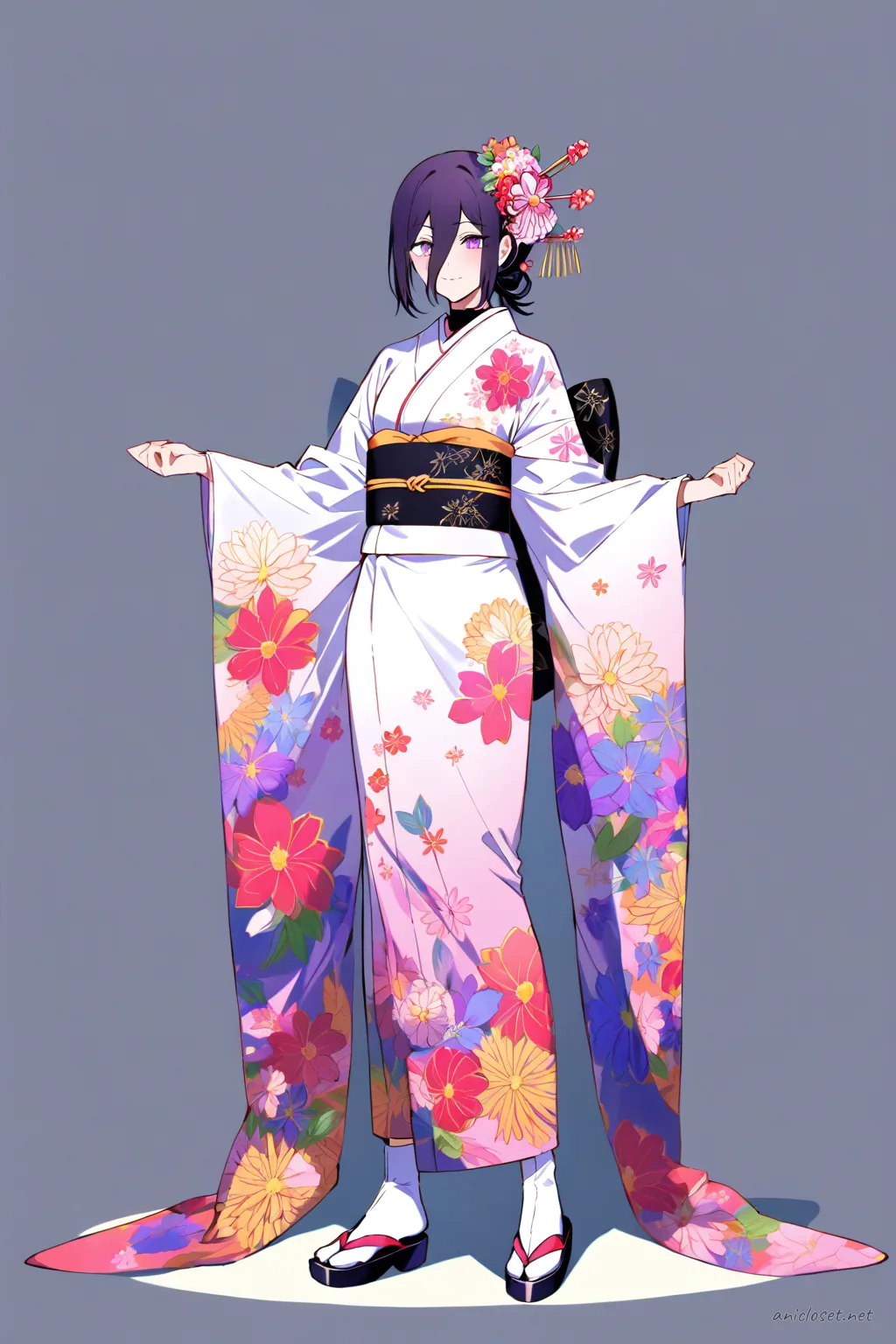 Illustration of Reze wearing a short modern kimono-dress with bold floral print, high-contrast obi sash, and lace tabi boots in a soft studio bloom