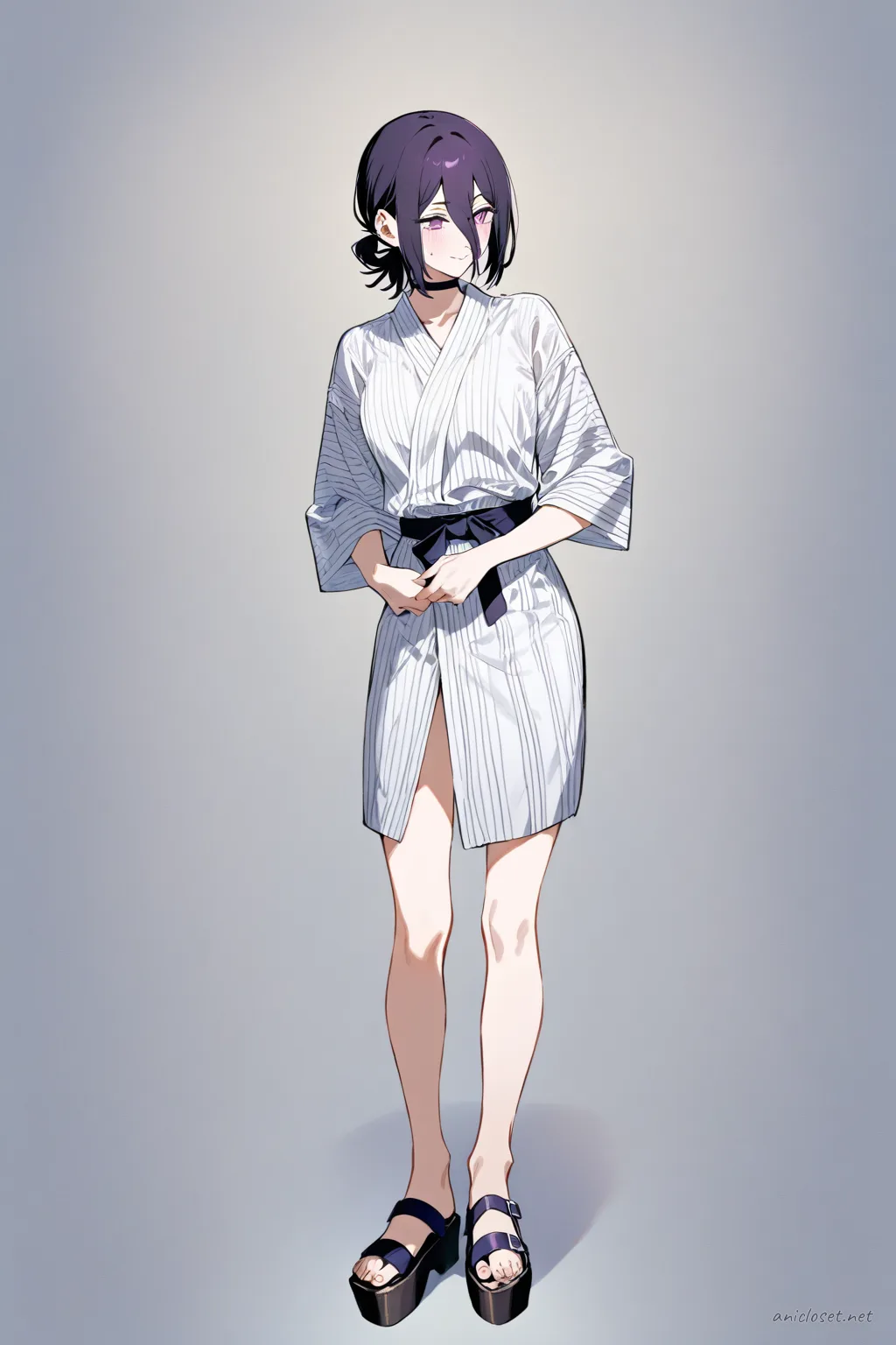 Full body illustration of Reze standing in a summer yukata with simple stripe pattern, wearing an obi belt and geta sandals, bare legs visible