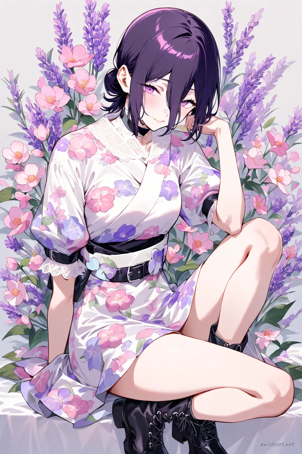 Full body front view illustration of Reze wearing a pastel pink kimono dress with soft floral patterns, simplified obi belt, lace trim, and ankle boots