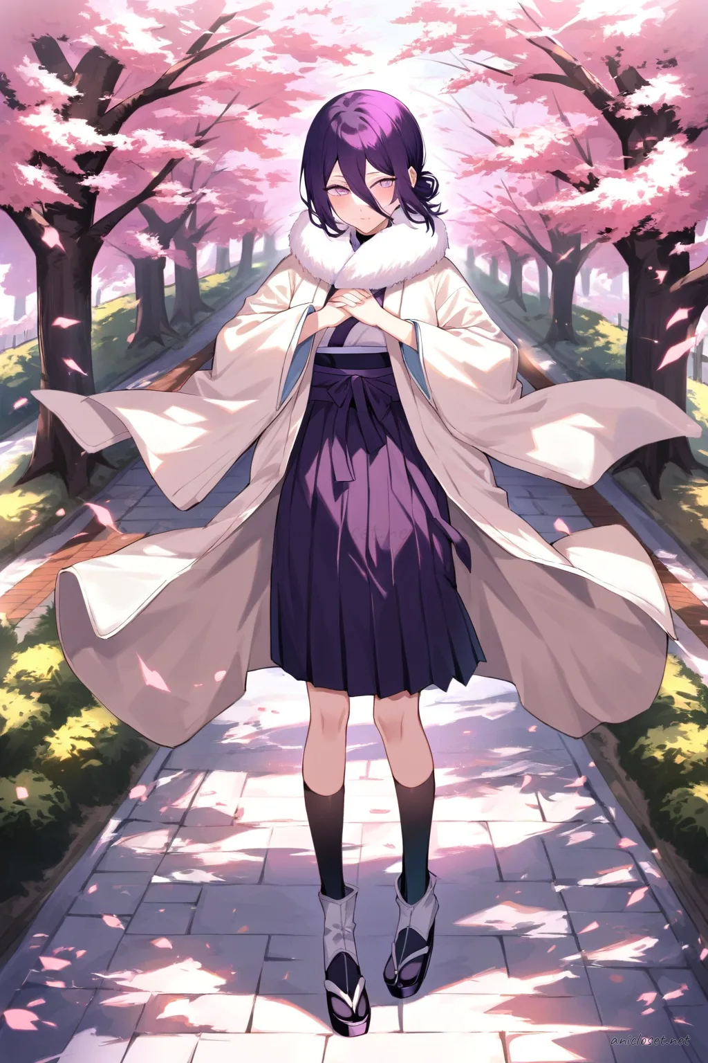 Illustration of Reze wearing a cropped haori over a fitted tank and high-slit hakama skirt paired with sneakers, mid-stride in soft daylight