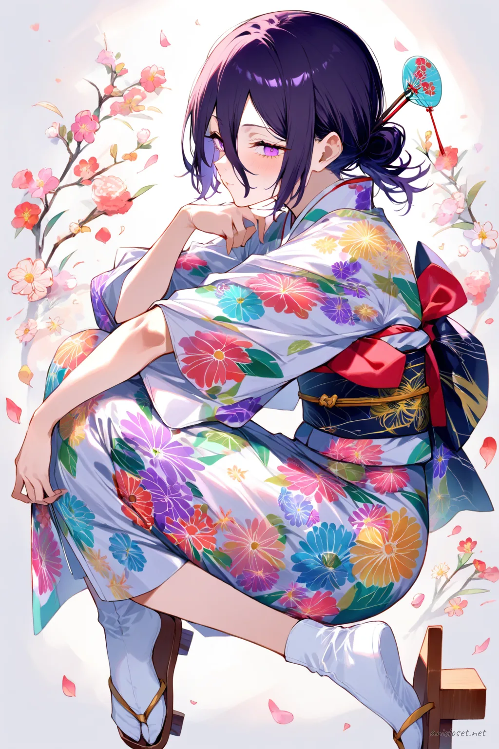 Illustration of Reze from Chainsaw Man wearing a bright floral festival yukata with obi sash, holding an uchiwa fan, and a festival hairpin, viewed from front in a cowboy shot