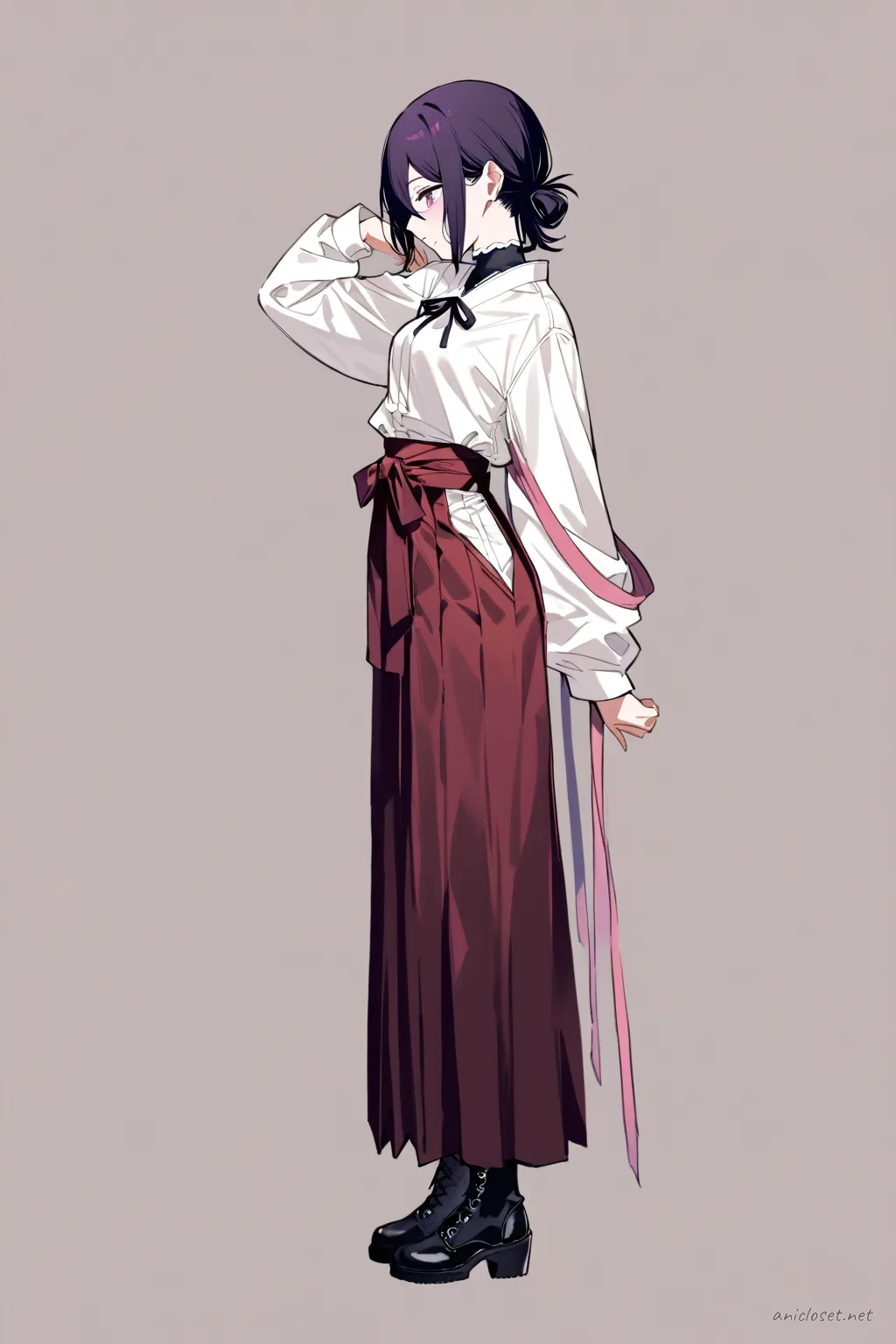 Full body illustration of Reze wearing a wine-red hakama over a white blouse with gold buttons, riding boots, and a ribbon necktie, standing in a three-quarter pose