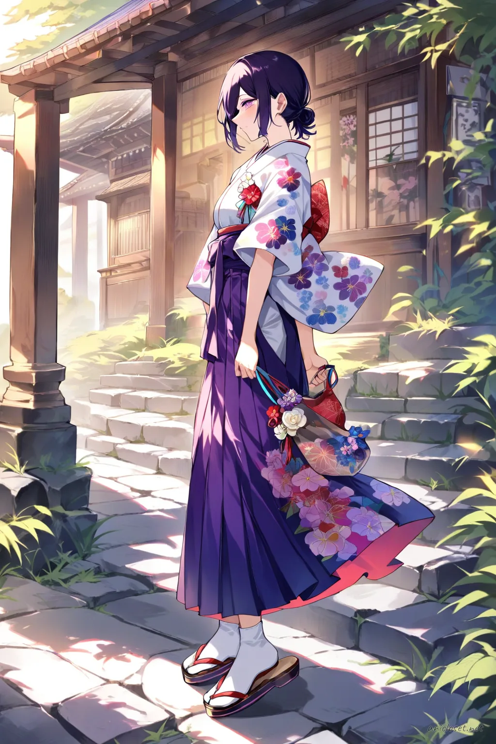 Illustration of Reze wearing a colorful hakama over a floral pattern kimono with a flower corsage, white tabi socks, and zori sandals