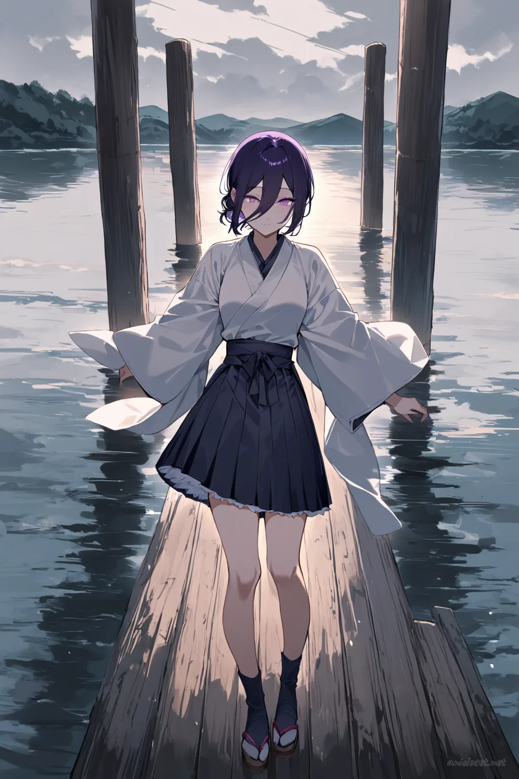 Illustration of Reze wearing a simplified modern wa-Lolita kimono with clean sleeves and plain petticoat skirt