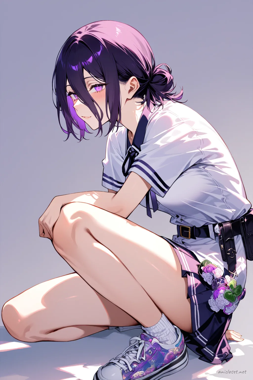 Illustration of Reze wearing a streetwear kimono jacket over a graphic tee and pleated skirt, accessorized with an obi belt bag and sneakers, front cowboy shot