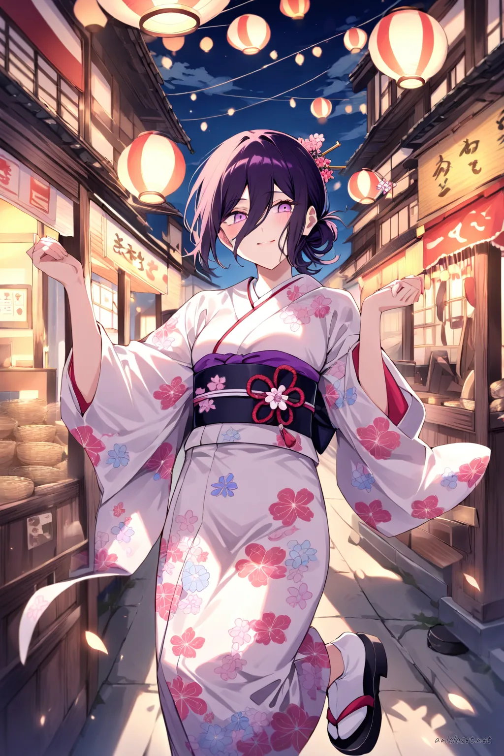 Full body illustration of Reze standing in a pastel pink komon kimono with soft floral patterns, neat obi, floral hairpin, tabi socks, and zori sandals