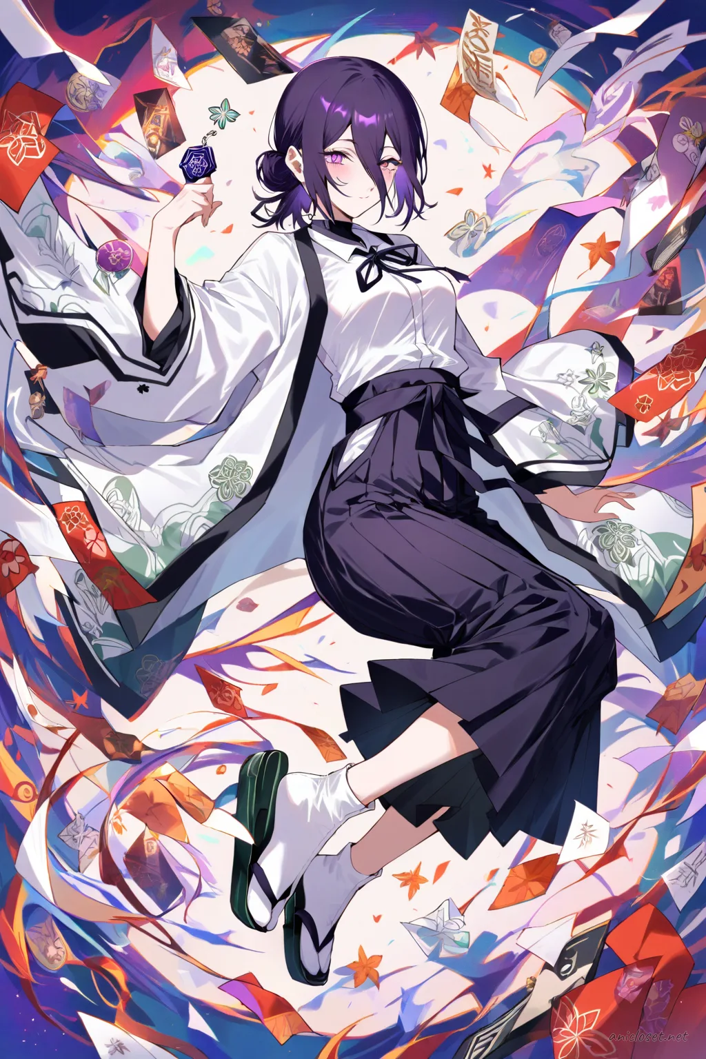 Illustration of Reze wearing onmyouji-inspired modern kimono robes with layered haori and paper charm accessories in a clean studio