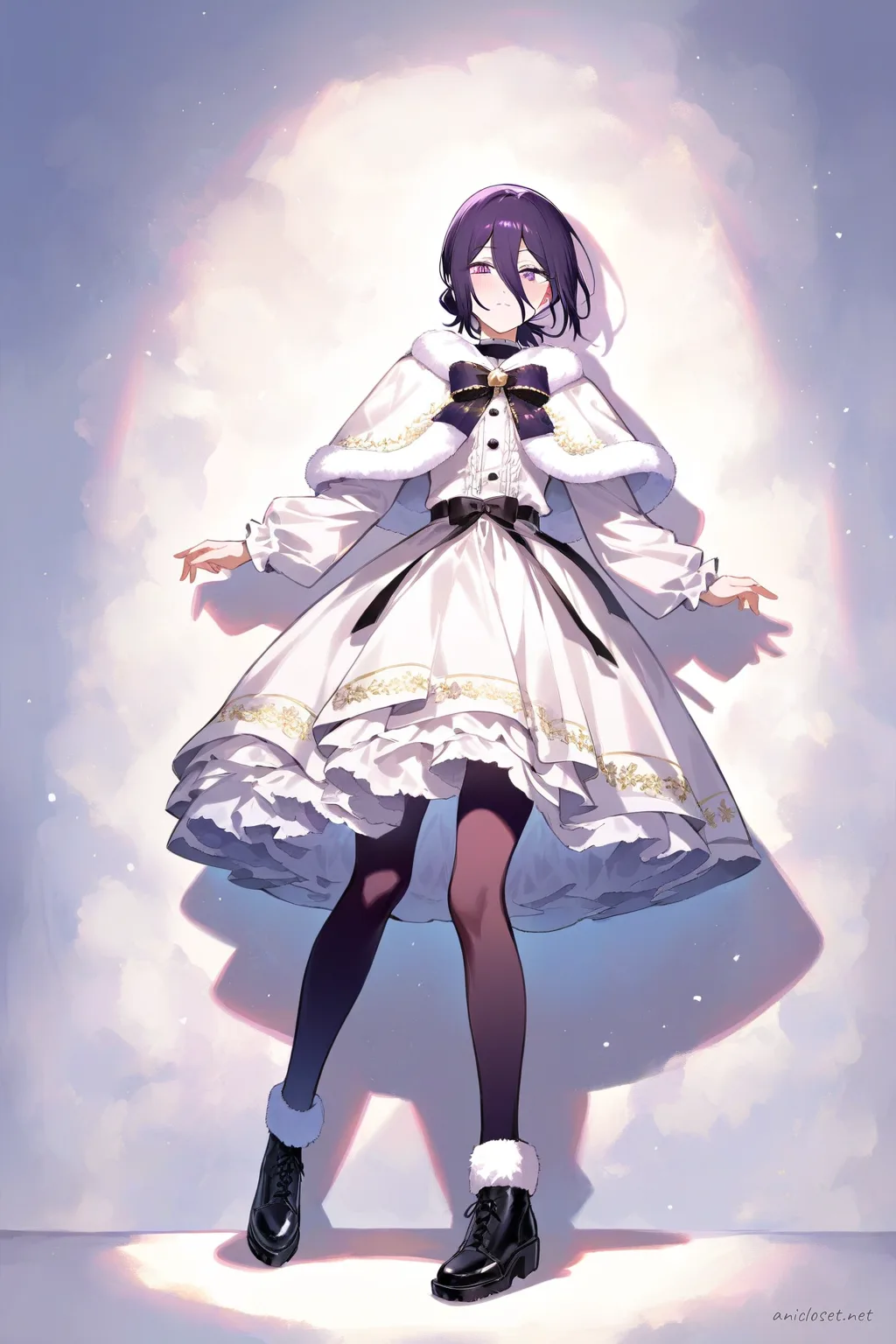 Illustration of Reze in a winter Lolita coat dress with faux-fur capelet, velvet bow, warm tights, and ankle boots, standing against a clean studio backdrop