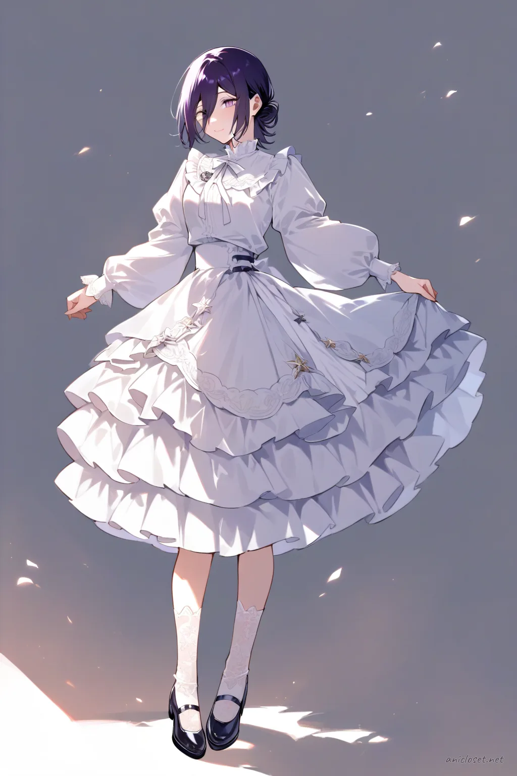 Full-body three-quarter view of Reze wearing a navy celestial Lolita dress with star embroidery, layered tulle skirt, white puff sleeve blouse, moon brooch, silver Mary Jane shoes, and white lace ankle socks on a clean studio background