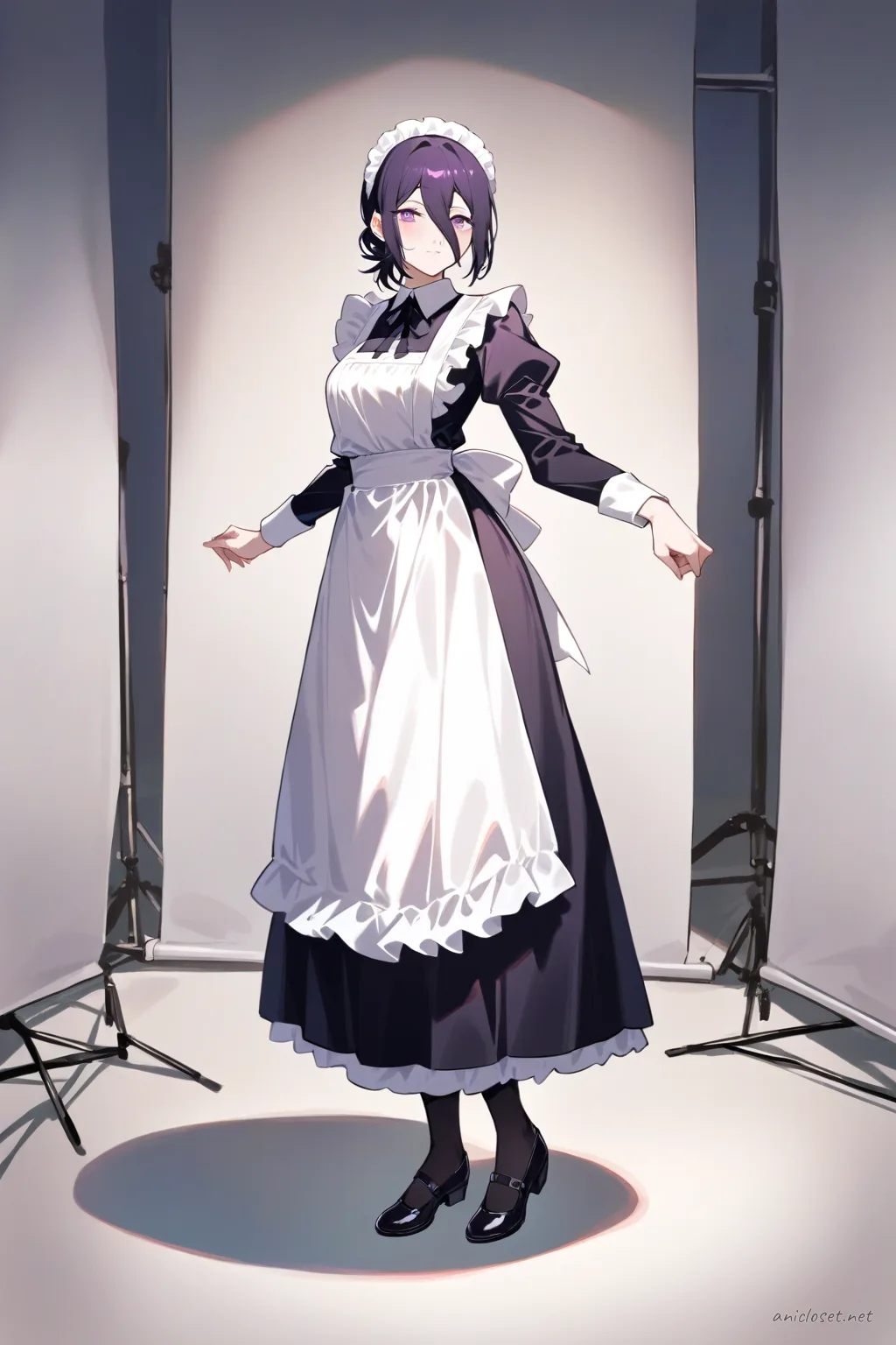 Full-body illustration of Reze in classic black-and-white Victorian maid dress with frilled apron and maid headdress, standing pose on clean studio backdrop