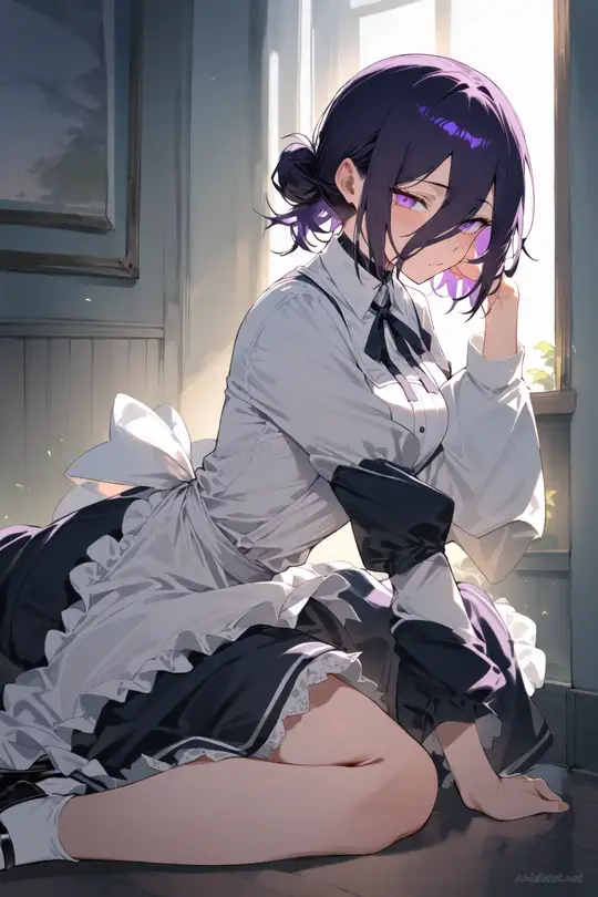 Full-body illustration of Reze in a cute cafe maid dress with knee-length skirt, puff sleeves, ribbon apron, peter pan collar, lace trim, and mary janes shoes, standing against a clean studio backdrop
