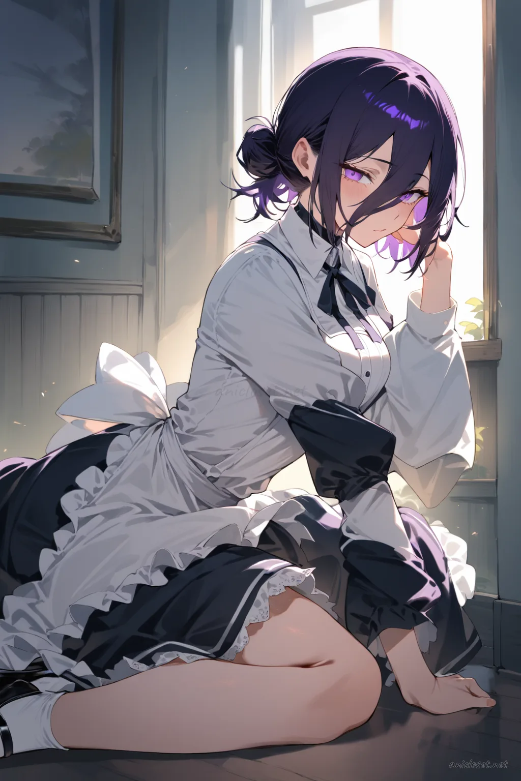 Full-body illustration of Reze in a cute cafe maid dress with knee-length skirt, puff sleeves, ribbon apron, peter pan collar, lace trim, and mary janes shoes, standing against a clean studio backdrop