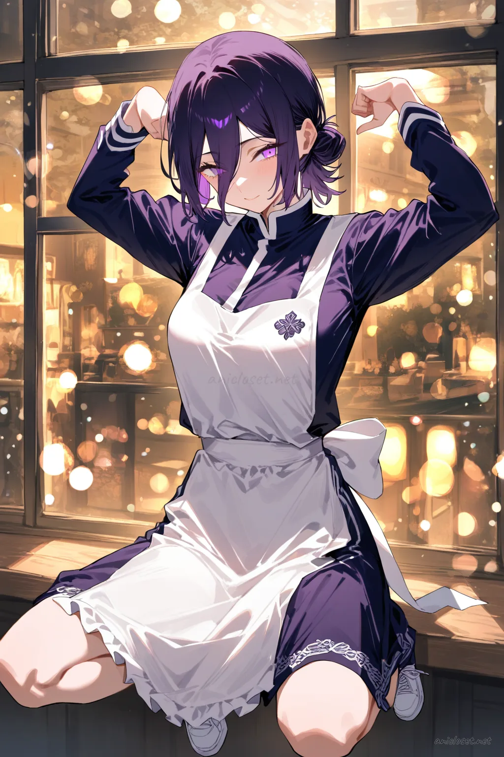 Full body illustration of Reze in a short black maid dress with heart-pocket apron, puff sleeves, frilled headdress, sheer tights, and mary janes, holding a dessert plate on a tray