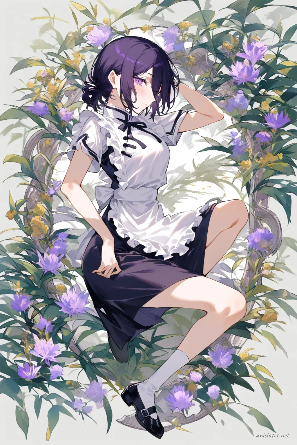 Full-body illustration of Reze in a maid outfit with qipao collar, short sleeves, frilled apron, frog buttons, fitted knee-length dress, and mary janes, standing against a clean studio backdrop