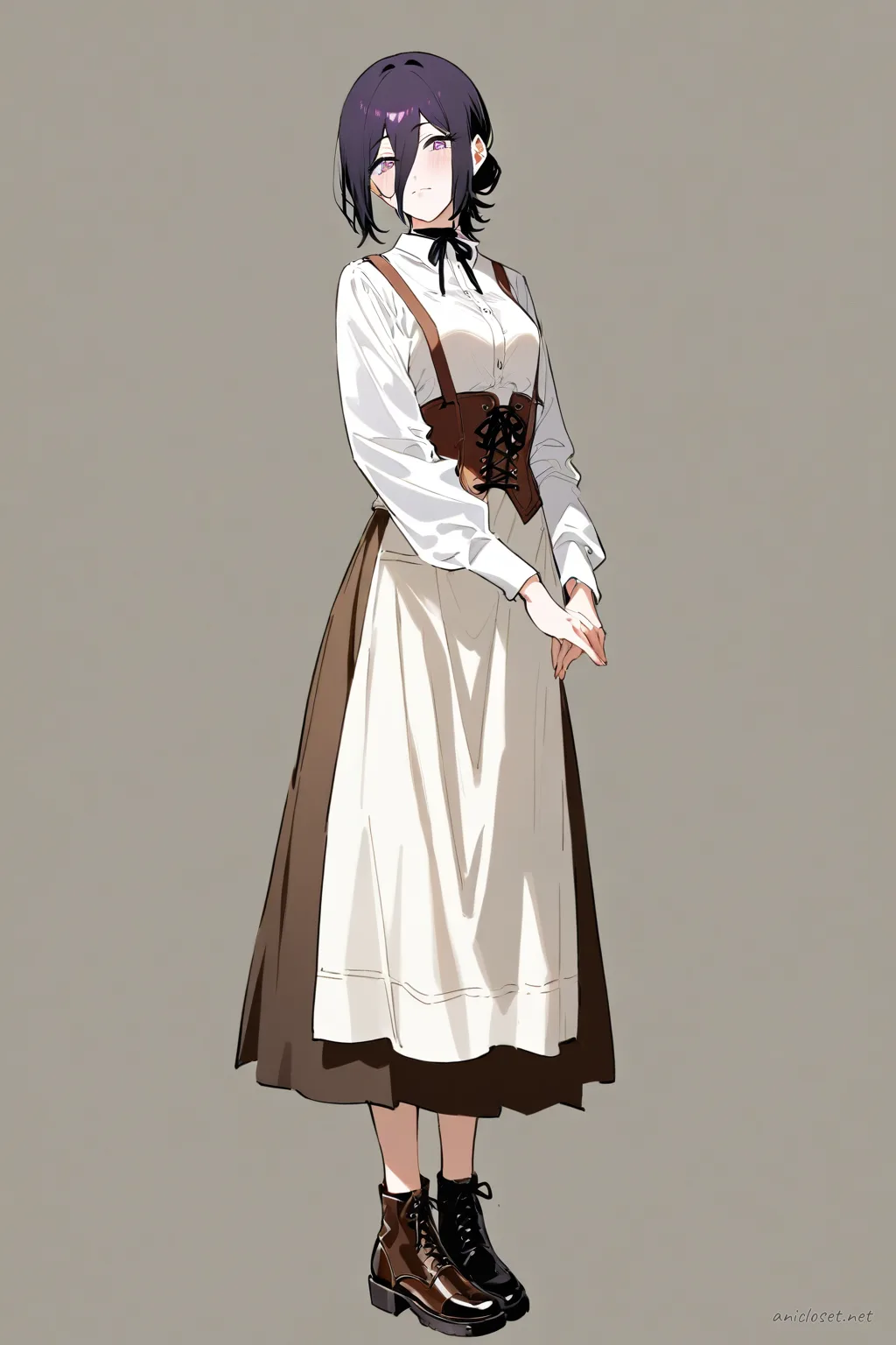 Full body front view of Reze in steampunk maid uniform with brown corset vest, layered skirt, white utility apron, puff sleeves, and lace-up brown boots