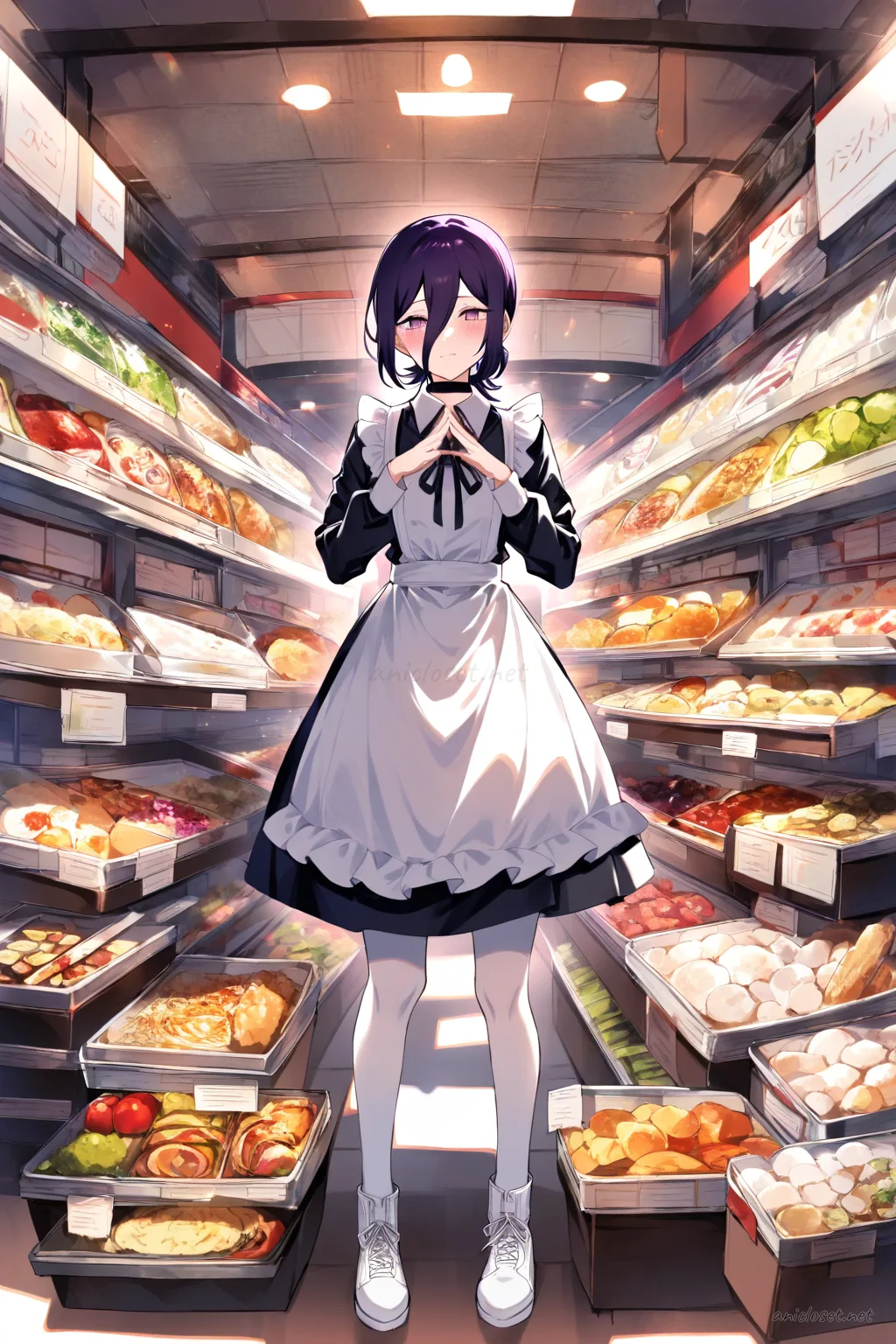 Full-body three-quarter view of Reze wearing a simple winter maid dress with straight long sleeves, clean apron, opaque tights, and plain ankle boots