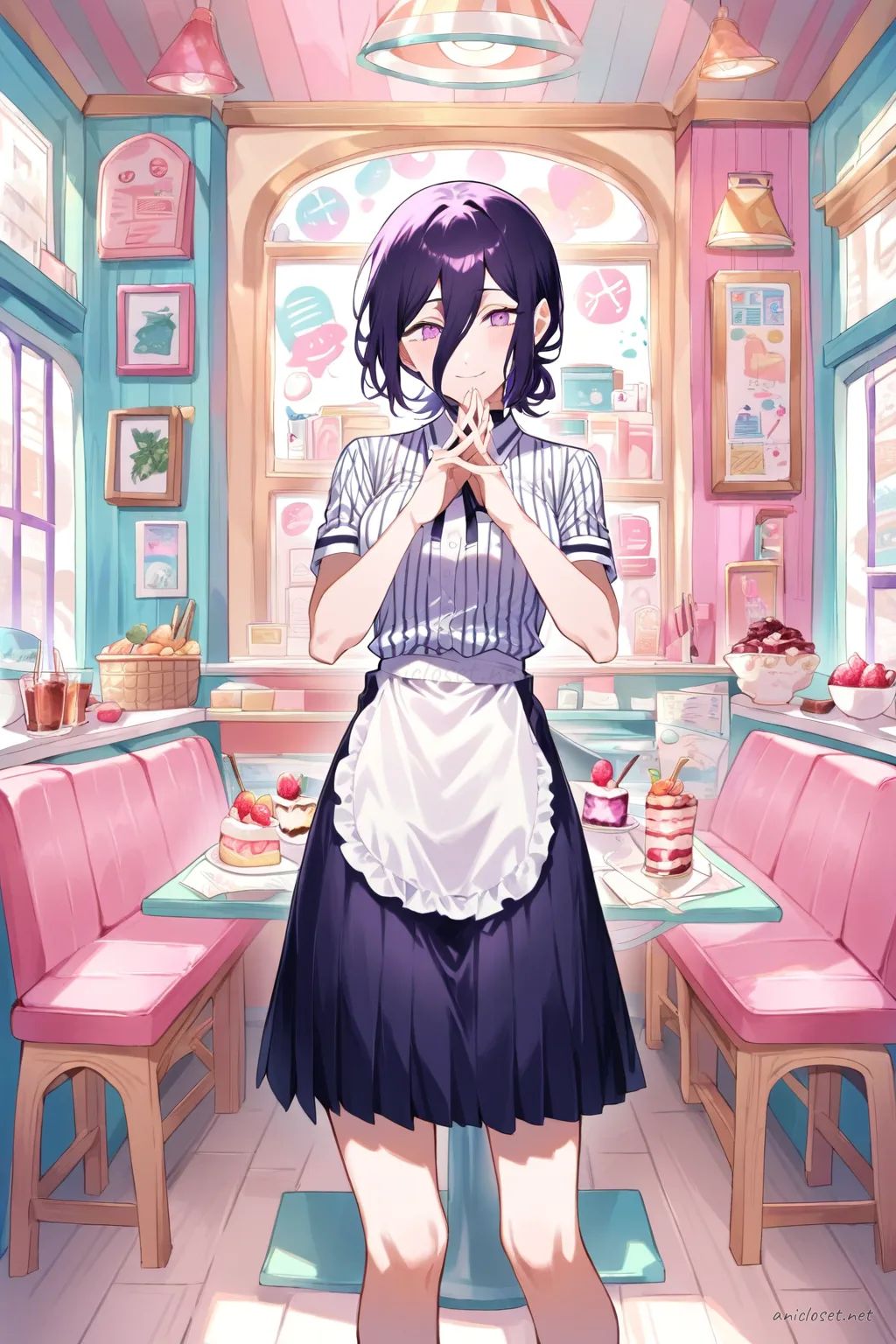 Full body illustration of Reze in a bakery maid uniform with striped blouse, full apron, midi skirt, kerchief, and loafers, standing