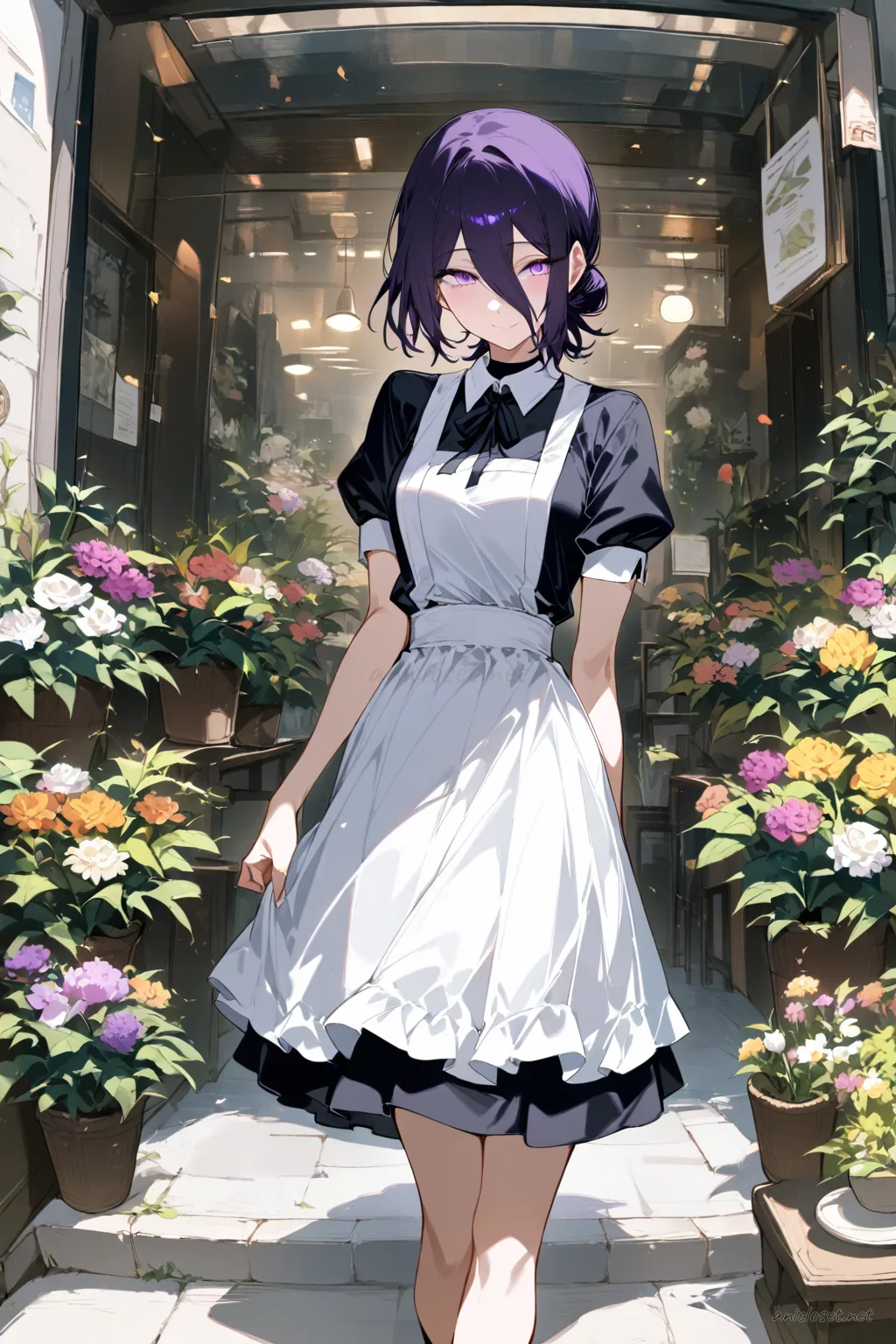 Illustration of Reze in a tailored black and white maid dress with a neat white apron panel and black low heels