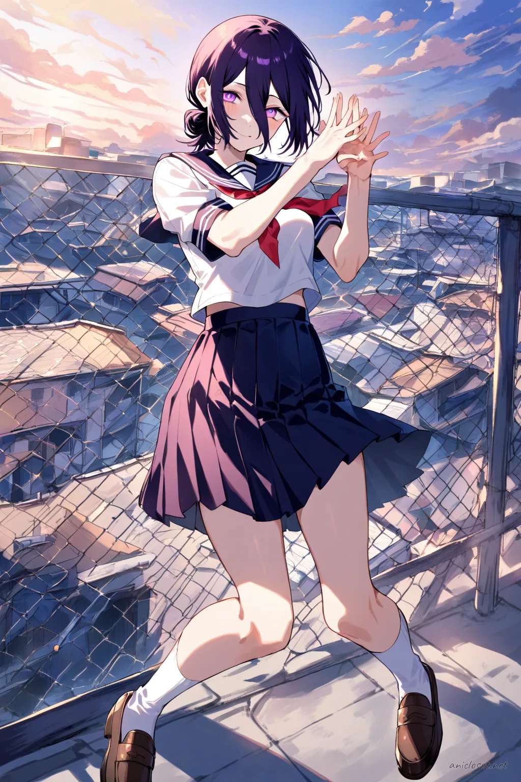Illustration of Reze wearing navy sailor fuku with red neckerchief and pleated skirt