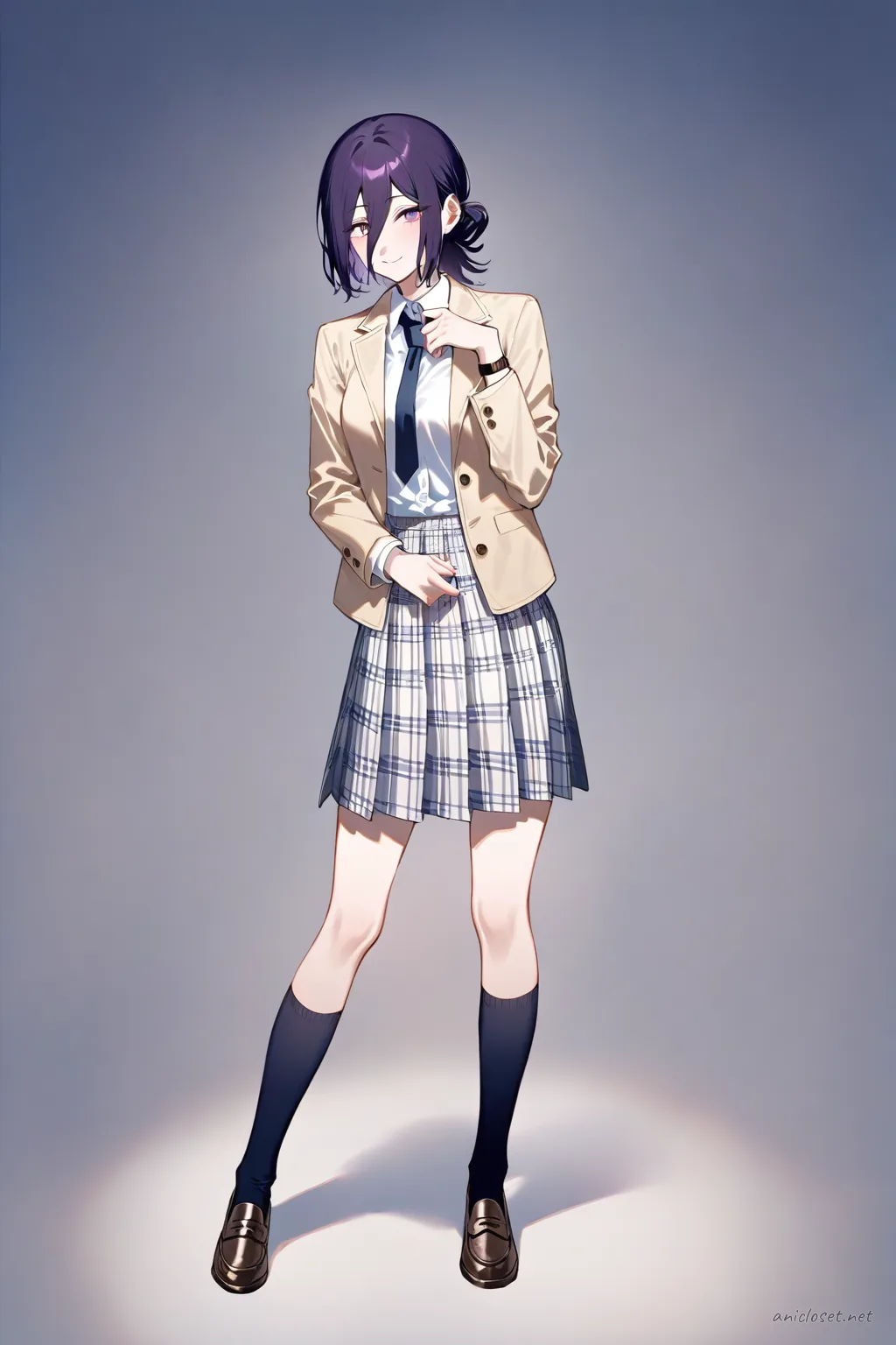 Full-body illustration of Reze in a beige blazer, white shirt, plain necktie, beige pleated skirt, and black thighhigh socks standing against a clean studio backdrop