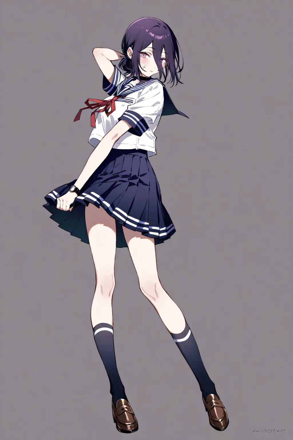 Illustration of Reze wearing a summer sailor uniform with short sleeves, red ribbon, pleated skirt, knee socks, and loafers